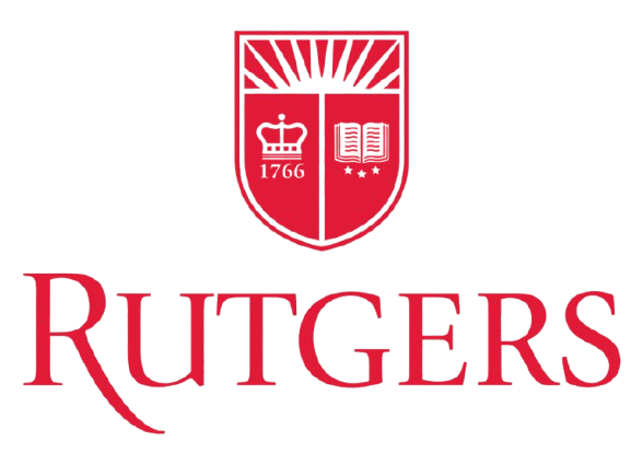 Rutgers University logo with a red shield featuring a crown and a sunburst, and the word 'RUTGERS' in red capital letters beneath.