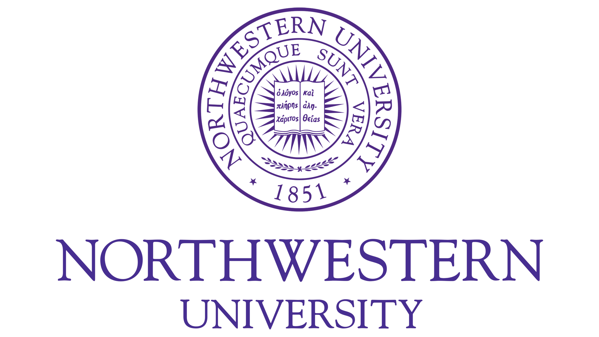 Northwestern University seal featuring purple and black colors, with a book in the center, and the words "Northwestern University" below in purple text.