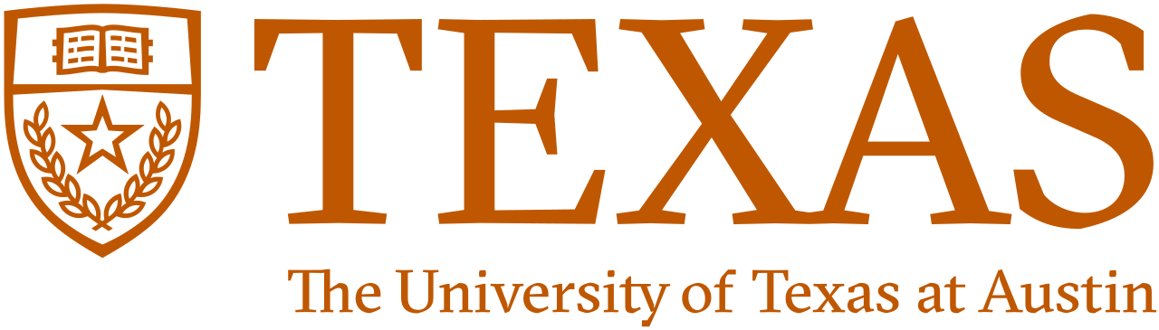 Logo of the University of Texas at Austin featuring a shield with an open book, a star, and laurel leaves, along with the text 'TEXAS The University of Texas at Austin' in brown and black colors.