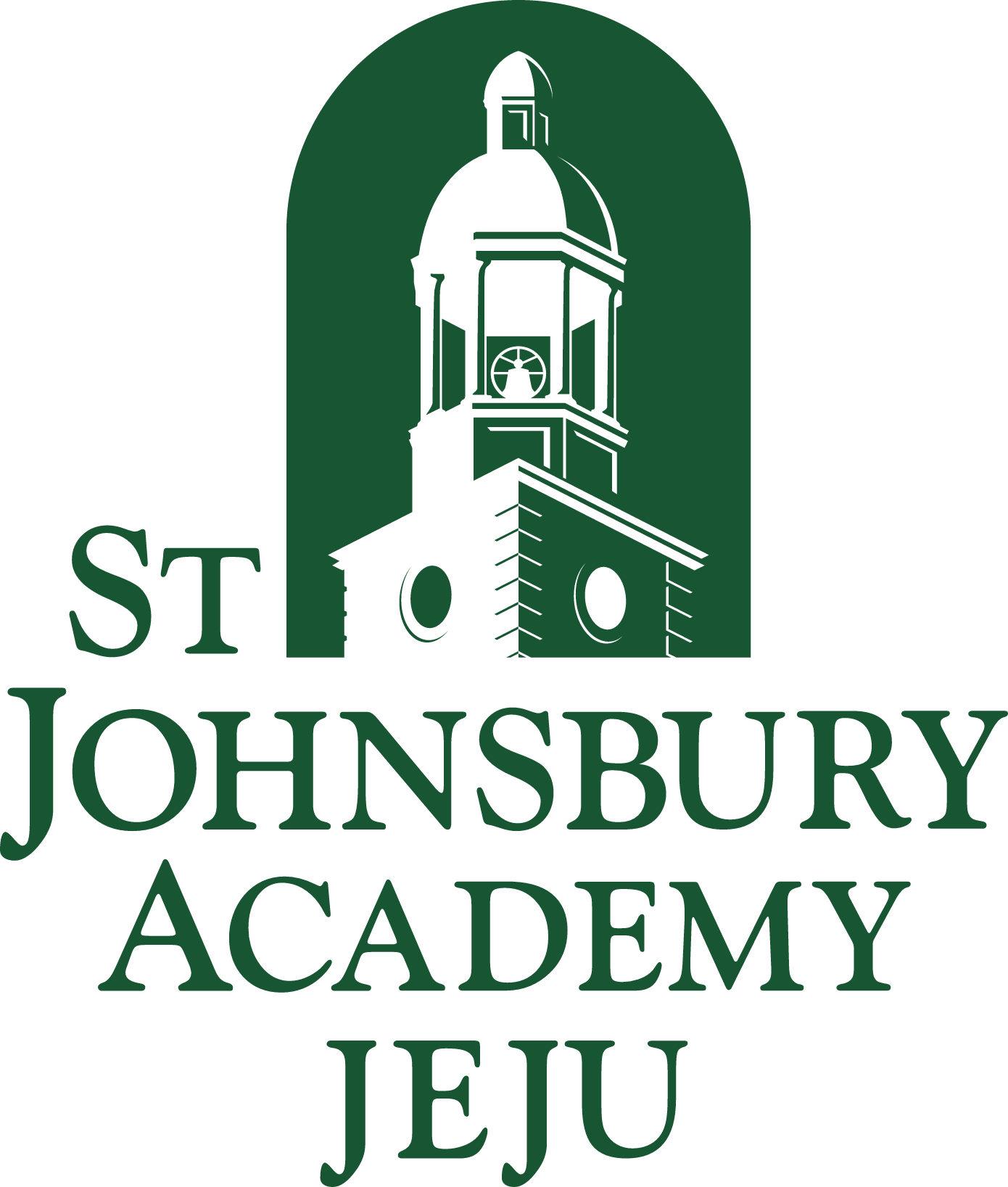 Logo for St Johnsbury Academy Jeju featuring a black silhouette of a clock tower with a dome, inside a green arch background, and the name in green text.