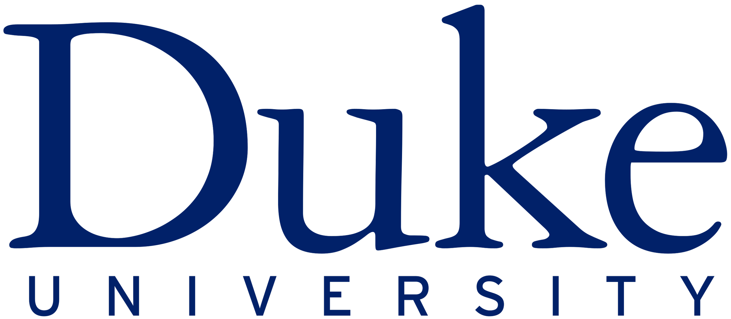 Duke University logo in navy blue text with large stylized 'Duke' above the word 'University'.