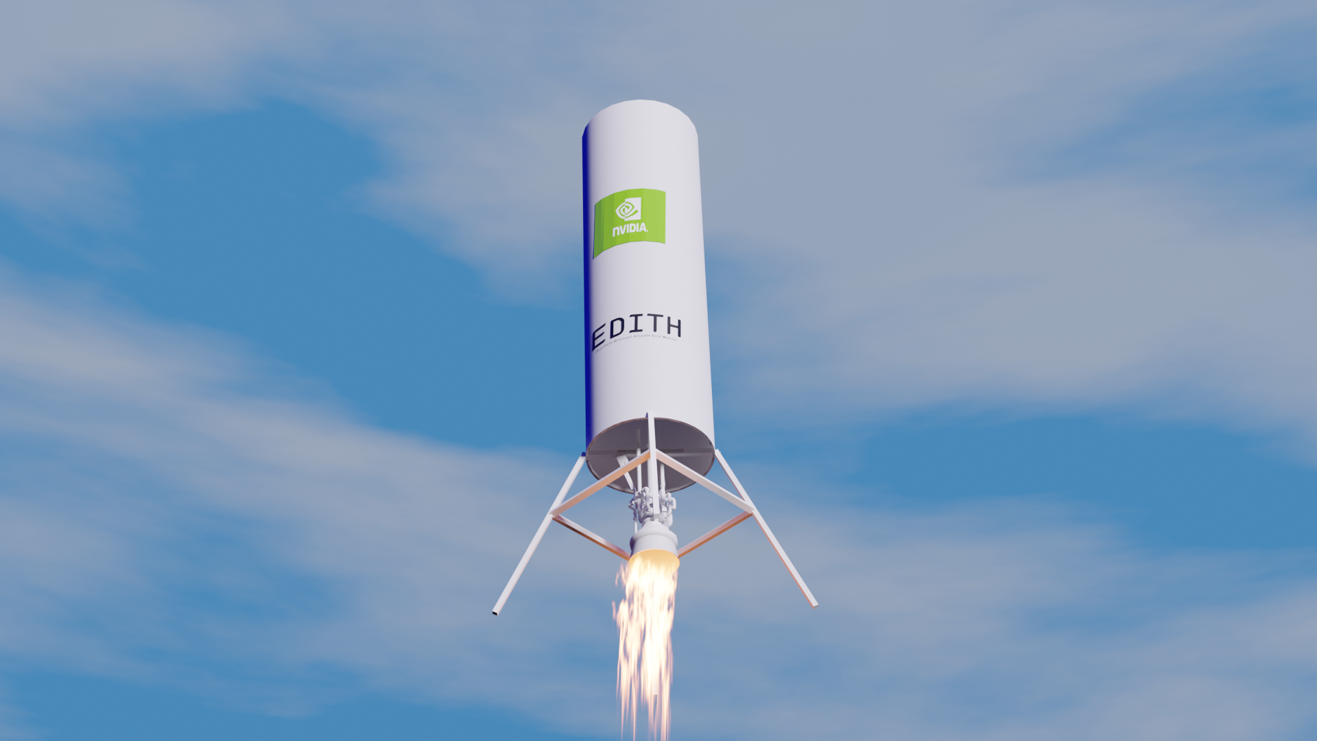 A rocket with the NVIDIA and Edith logos is launching into the sky, with flames coming from its engine.