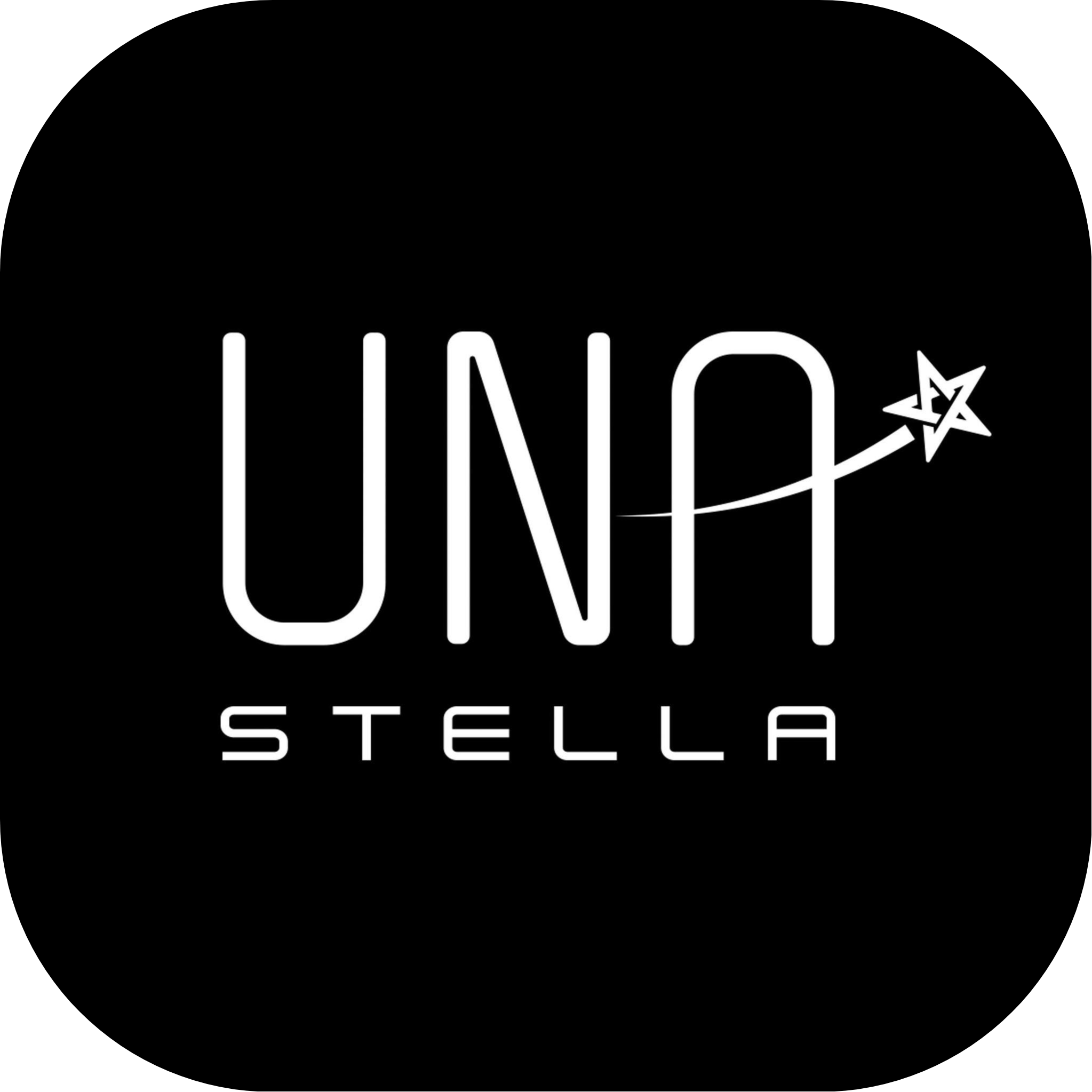 Black background with white text reading 'UNF' and 'STELLA', with a small star graphic and an arrow around the star.