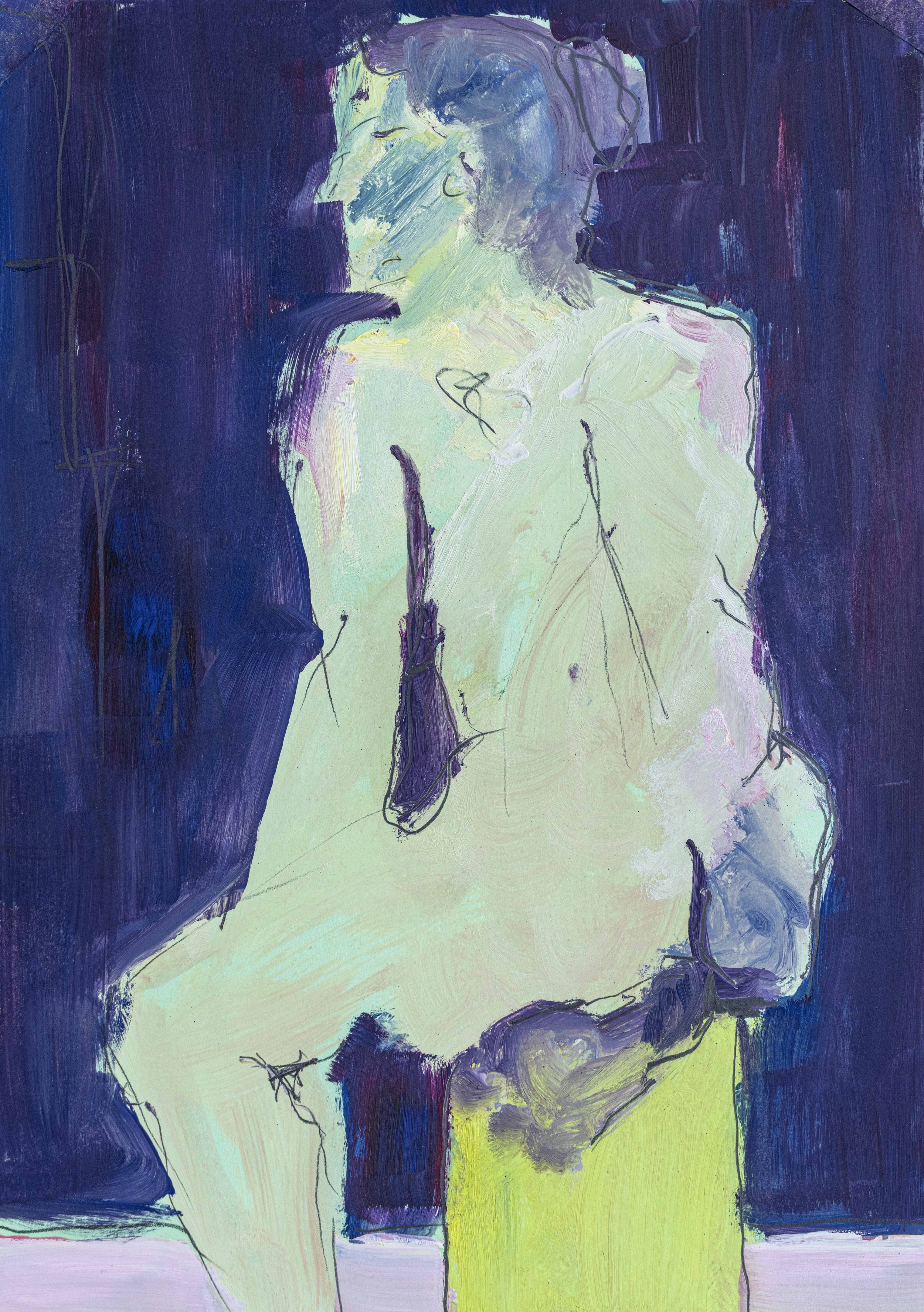 Expressive figurative Malerei von Damaris Tobler, Künstlerin aus dem Appenzellerland. Ein heller Körper hebt sich vom tiefblauen Hintergrund ab. Lockere Konturen und sichtbare Pinselstriche verbinden Gegenständlichkeit und Abstraktion.