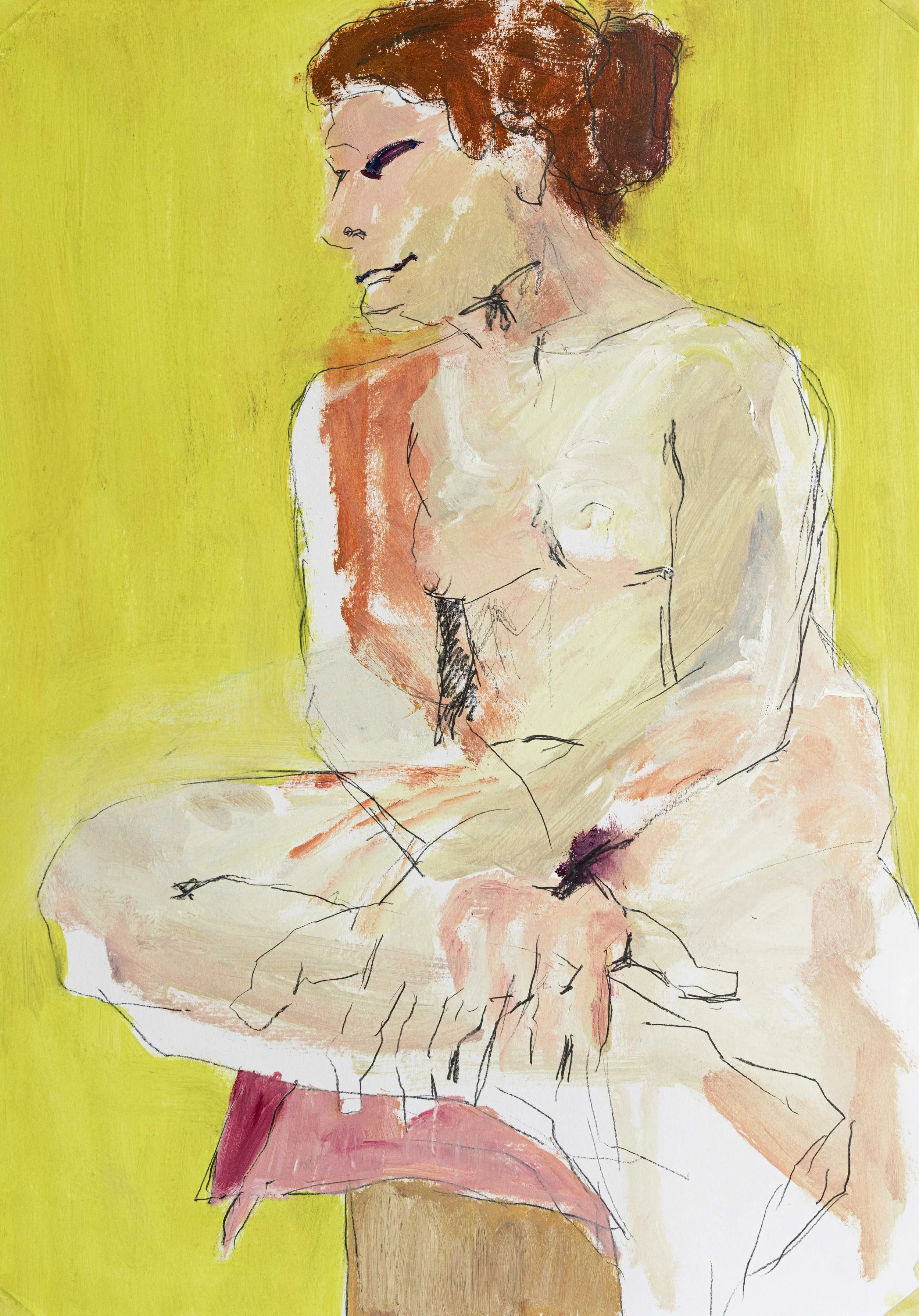 Farbenreiche figurative Malerei von Damaris Tobler, Künstlerin aus dem Appenzellerland. Zeichnerische Linien bleiben zwischen hellen Hauttönen und kräftigem Gelb sichtbar. So verbindet die Arbeit Aktzeichnung und Malerei zu einer offenen, vielschicht