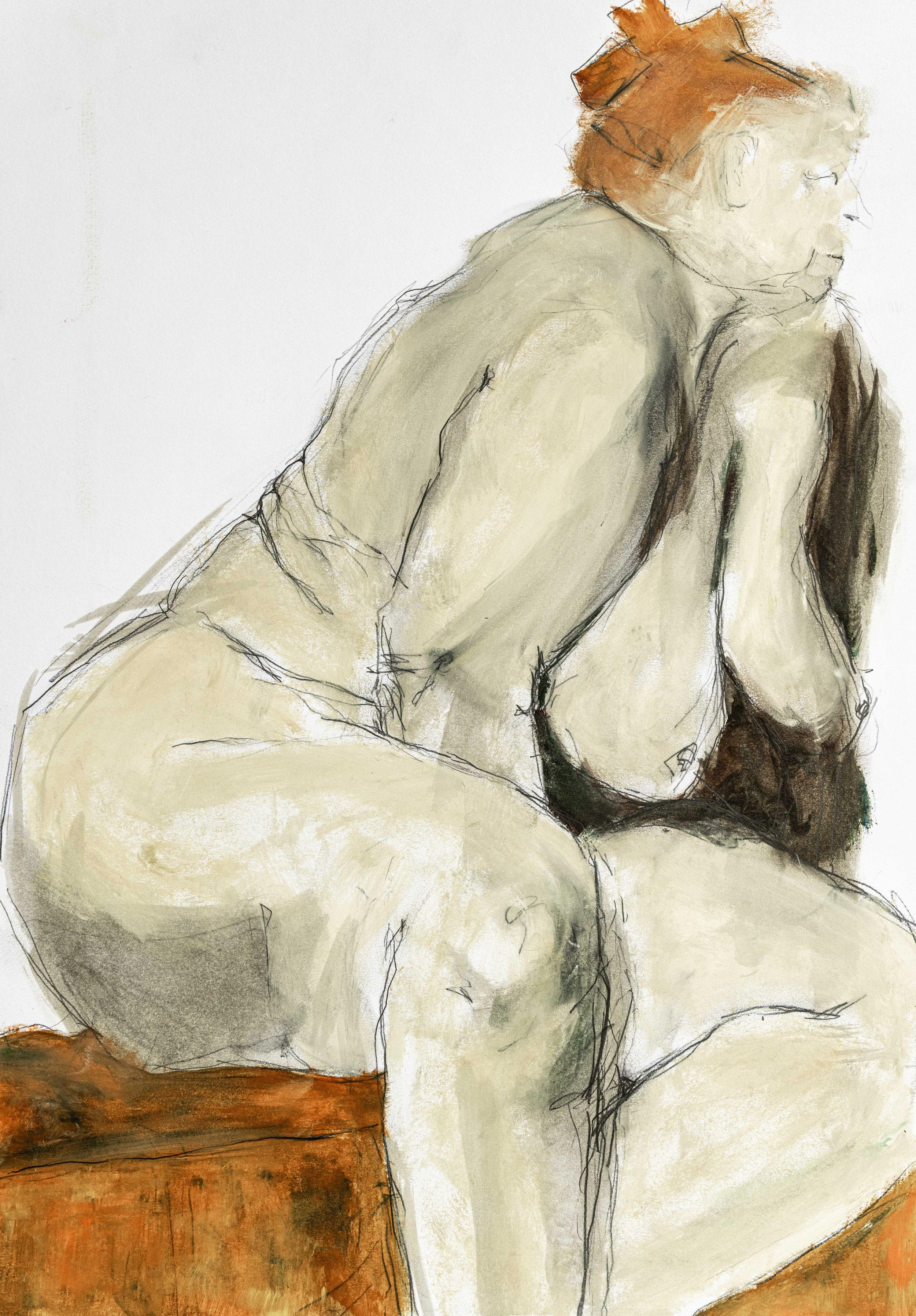 Figurative Malerei von Damaris Tobler aus der Ostschweiz. Erdige Farbtöne, zeichnerische Konturen und helle Flächen modellieren den sitzenden Körper, ohne ihn vollständig auszuarbeiten. Zeichnung und Malerei bleiben dabei sichtbar miteinander verbund