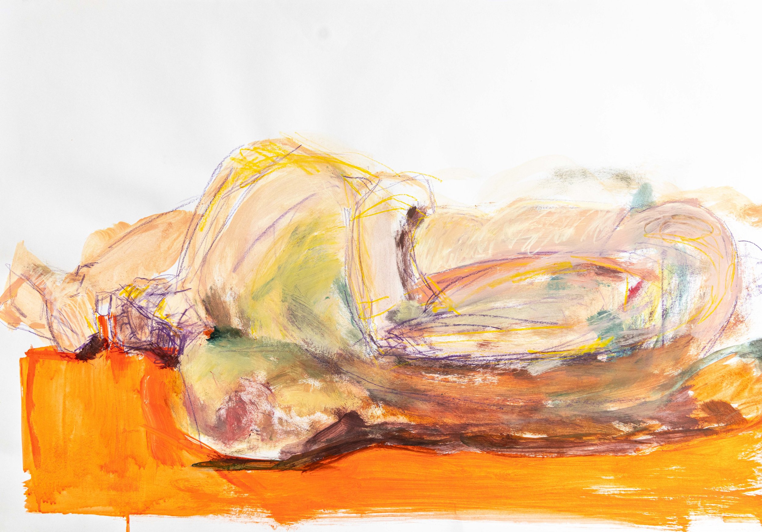 Expressive Aktmalerei von Damaris Tobler. Leuchtendes Orange, Grün und Gelb treffen auf freie zeichnerische Linien und überlagerte Farbspuren. Die Arbeit zeigt, wie sich Körperformen durch Farbe, Bewegung und Schichtung entwickeln lassen.