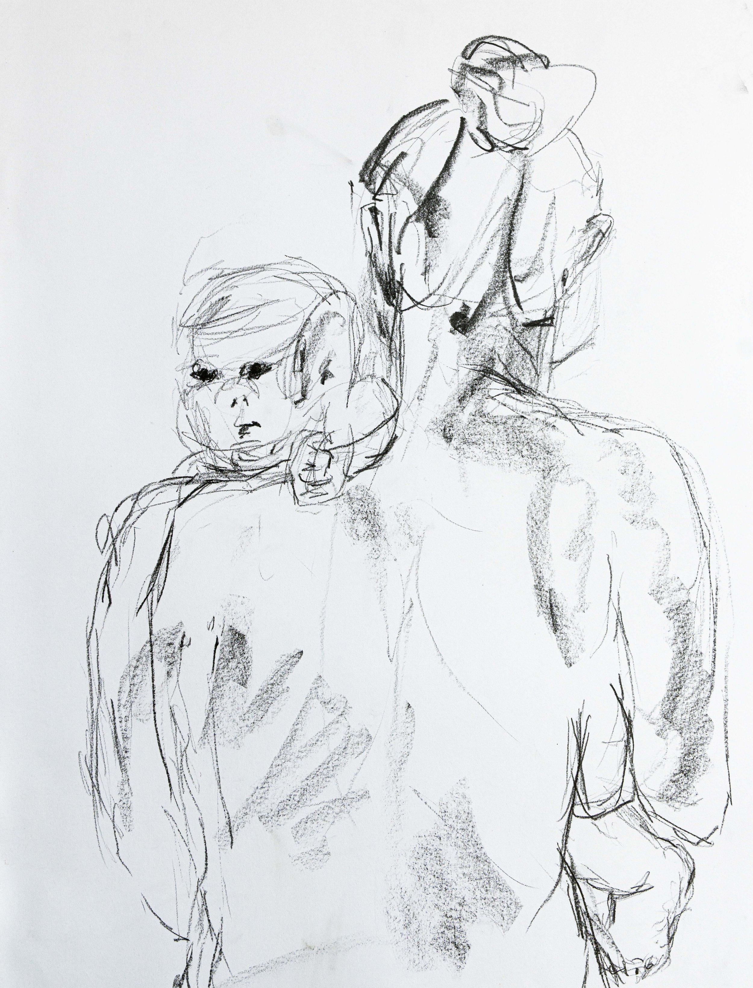 Figurenstudie von Damaris Tobler aus Urnäsch im Appenzellerland. Schnelle Linien, Schraffuren und offene Konturen erfassen mehrere Personen im Raum – eine unmittelbare Form des beobachtenden Zeichnens.