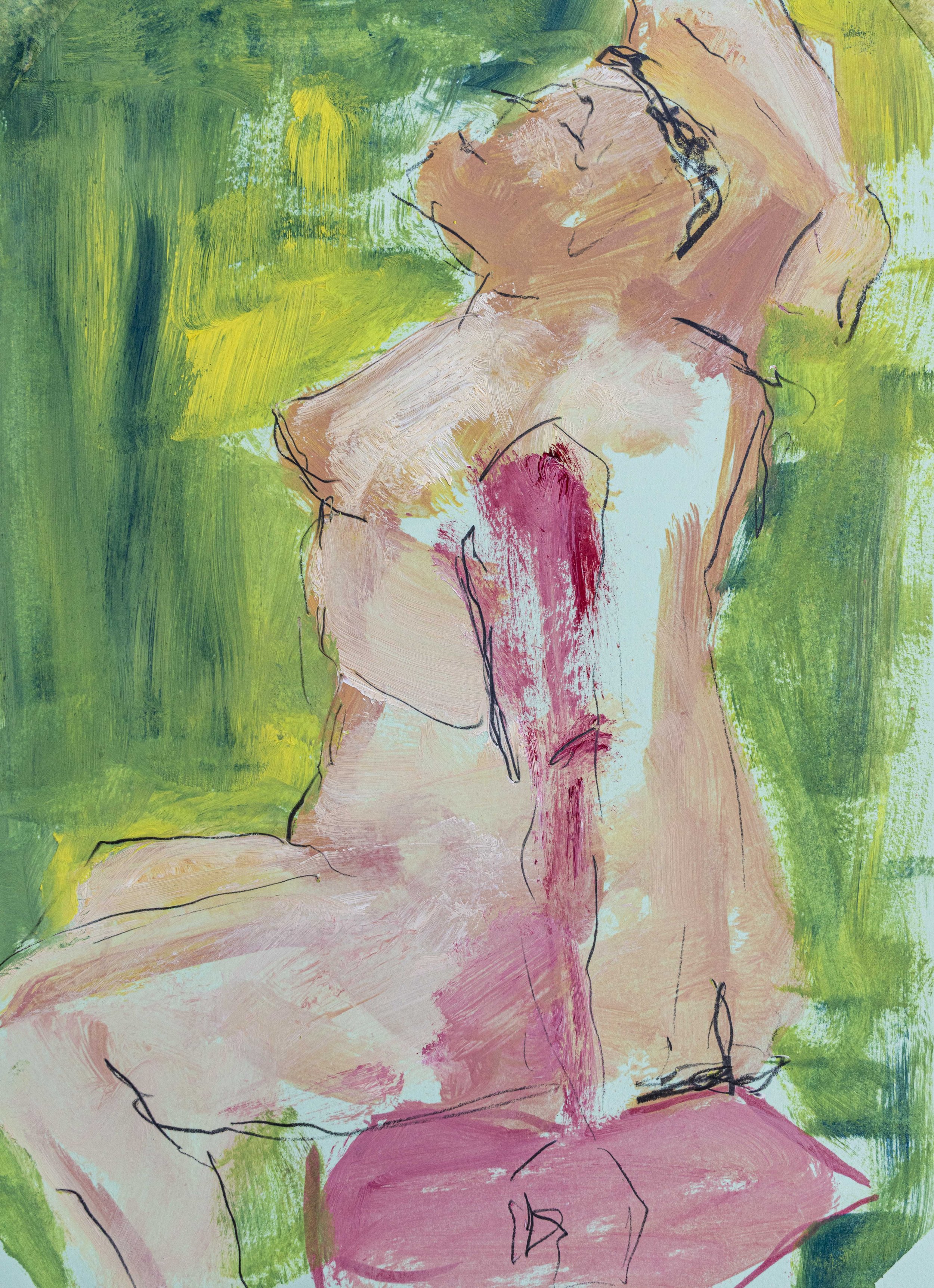 Expressive Aktmalerei vor leuchtend grünem Hintergrund. Damaris Tobler verbindet freie Konturen mit Rosa-, Weiss- und Hauttönen. Sichtbare Pinselspuren und offene Linien lassen den Körper zwischen Zeichnung und Malerei entstehen.