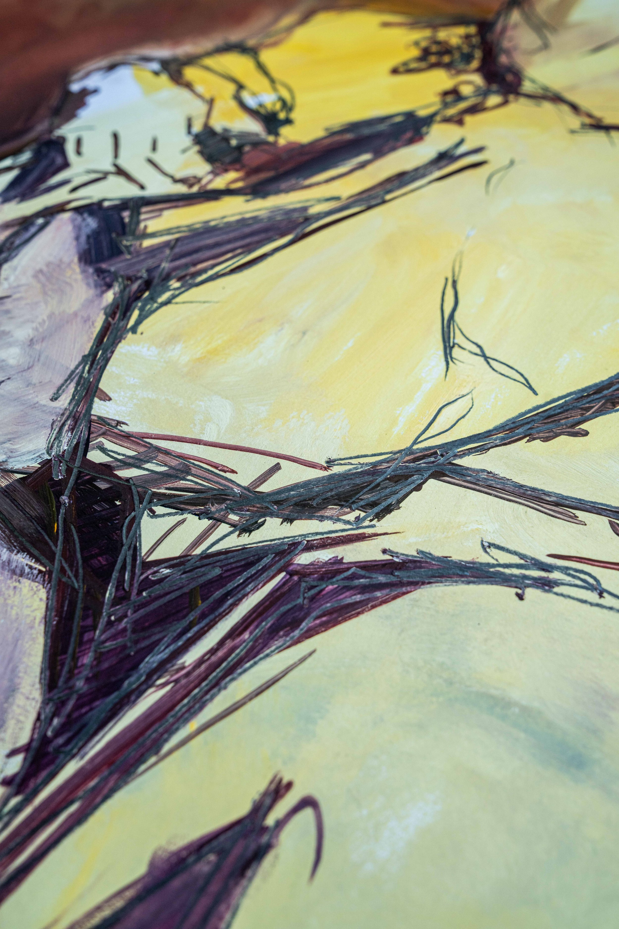 Detail einer farbigen Körperstudie von Damaris Tobler. Kräftige Linien durchziehen leuchtende Farbflächen in Gelb, Violett und Rot – ein Einblick in die expressive Malerei der Künstlerin aus der Ostschweiz.