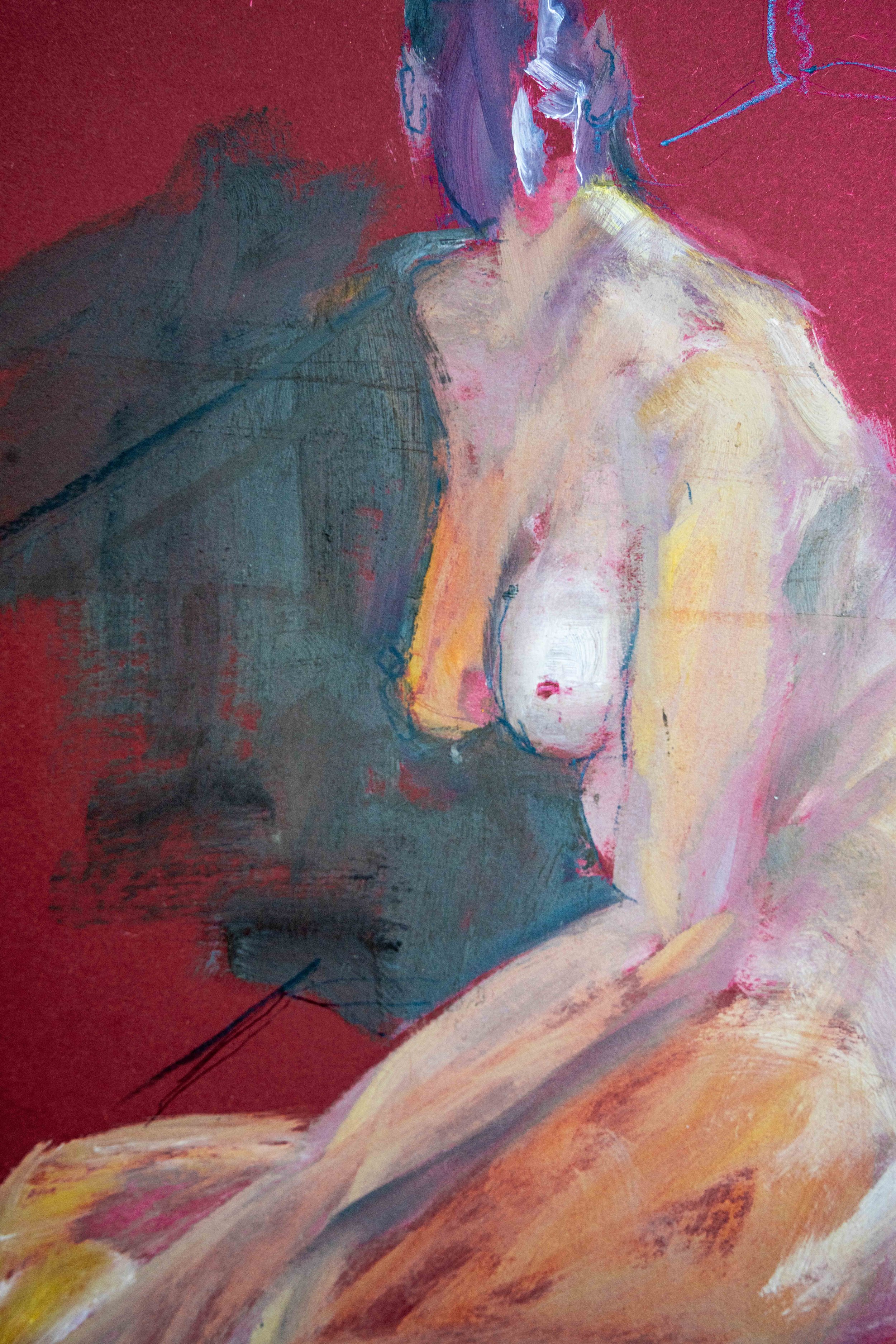 Figurative Aktmalerei auf kräftig rotem Grund. Damaris Tobler modelliert den sitzenden Körper mit Rosa, Gelb, Blau und hellen Farbschichten. Eine expressive Arbeit der Künstlerin aus Urnäsch im Appenzellerland.