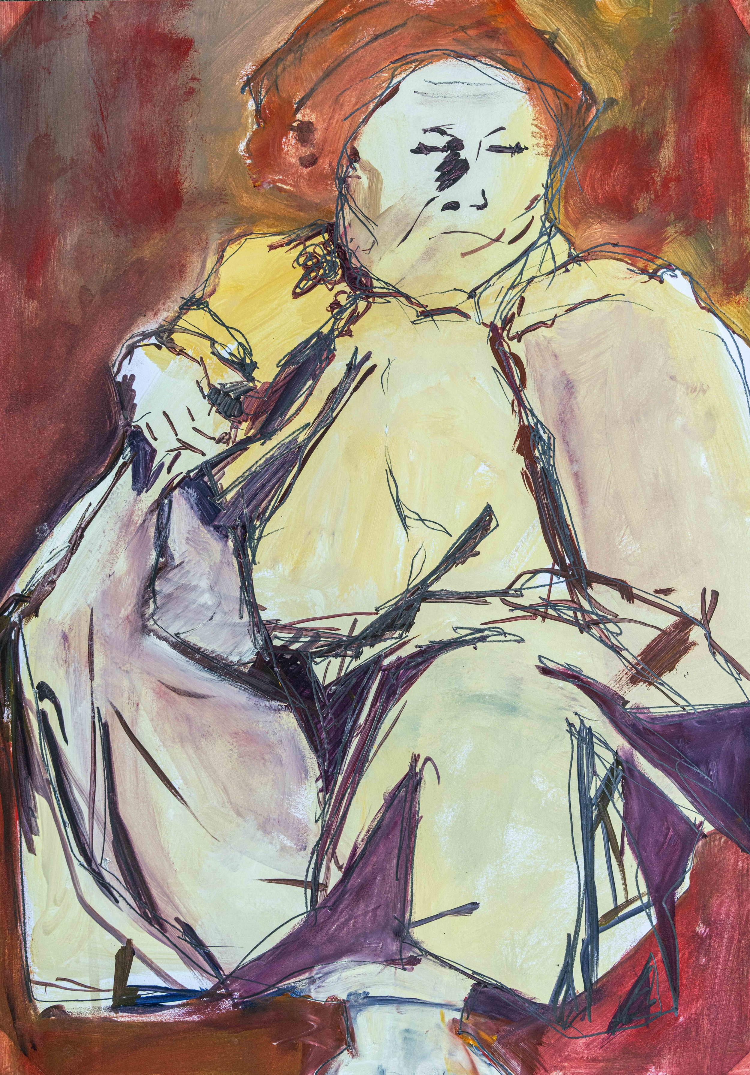 Expressive figurative Malerei von Damaris Tobler. Kräftige schwarze Linien treffen auf helle Körperflächen, Violett, Rot und erdige Farbtöne. Die sichtbaren Übermalungen und offenen Konturen verleihen der sitzenden Figur ihre unmittelbare Präsenz.