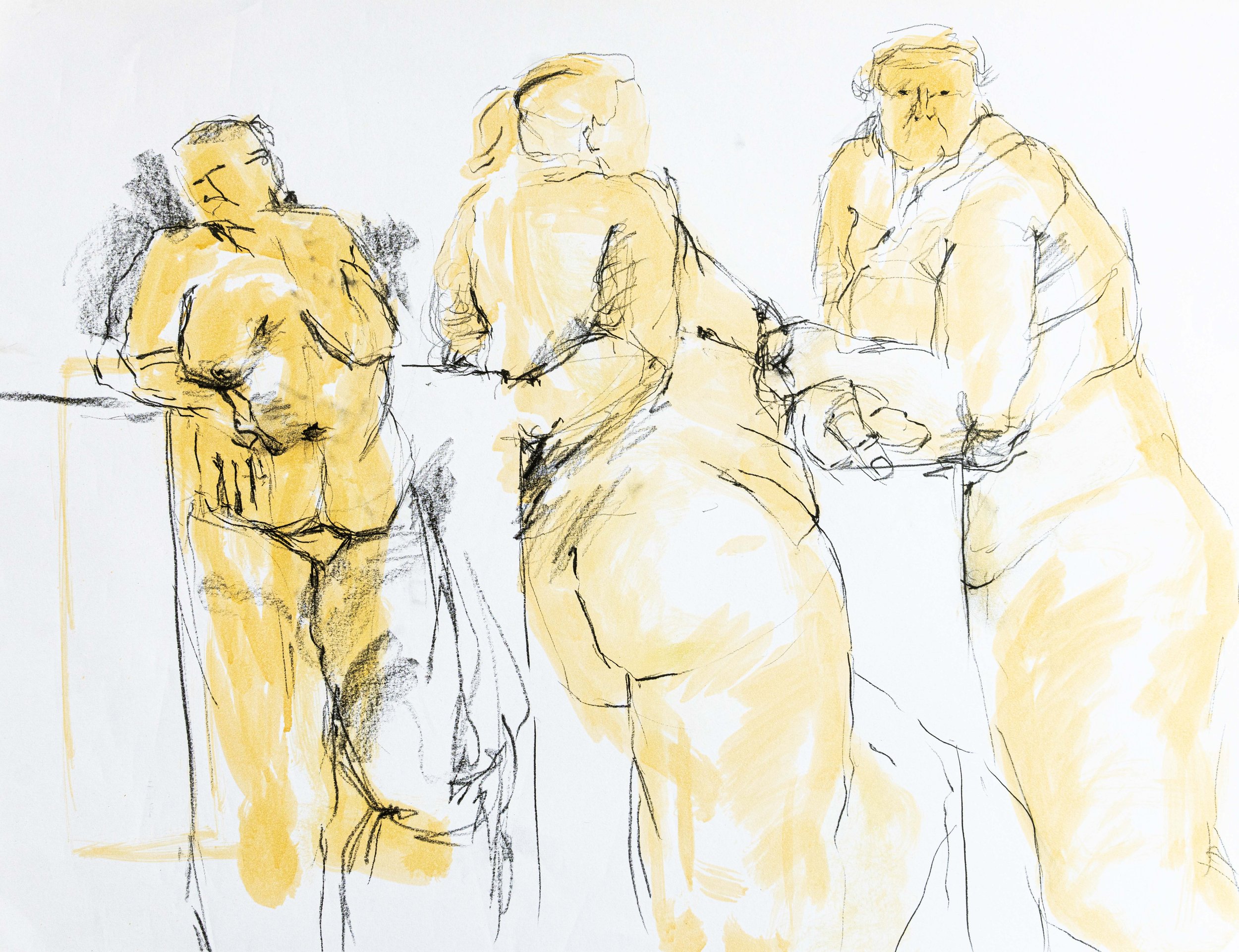 Mehrere Figuren und Körperhaltungen in einer gemeinsamen Studie von Damaris Tobler. Schwarze Zeichnung und locker gesetzte gelbe Farbflächen überlagern sich zu einer lebendigen Komposition – figurative Kunst aus dem Atelier der Künstlerin im Appenzel
