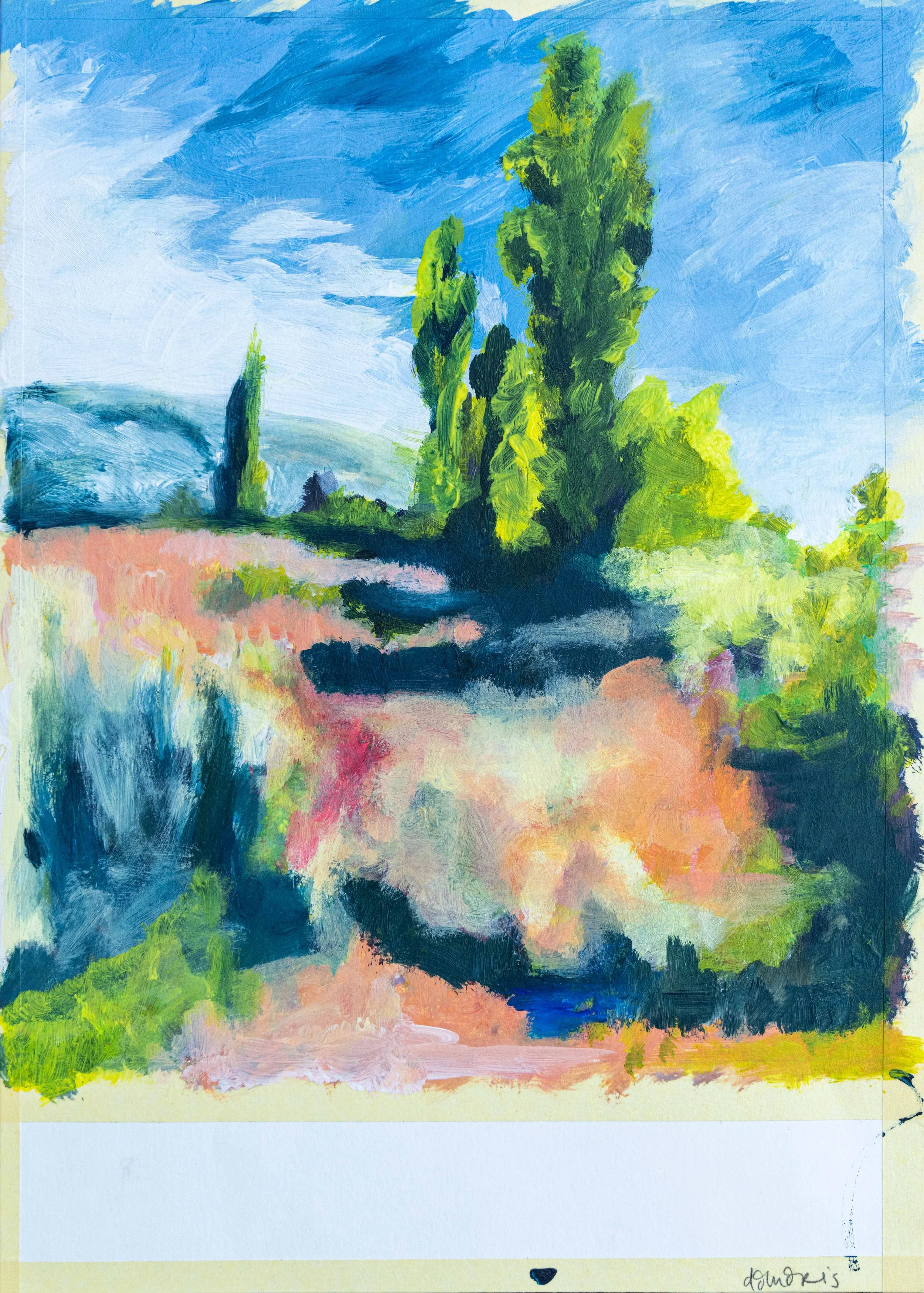 Expressive Landschaftsmalerei von Damaris Tobler aus dem Appenzellerland. Leuchtendes Grün, Blau, Rosa und warme Erdtöne formen Bäume, Wiesen und Landschaft mit sichtbaren, freien Pinselstrichen – farbintensive Malerei zwischen Beobachtung und Abstra