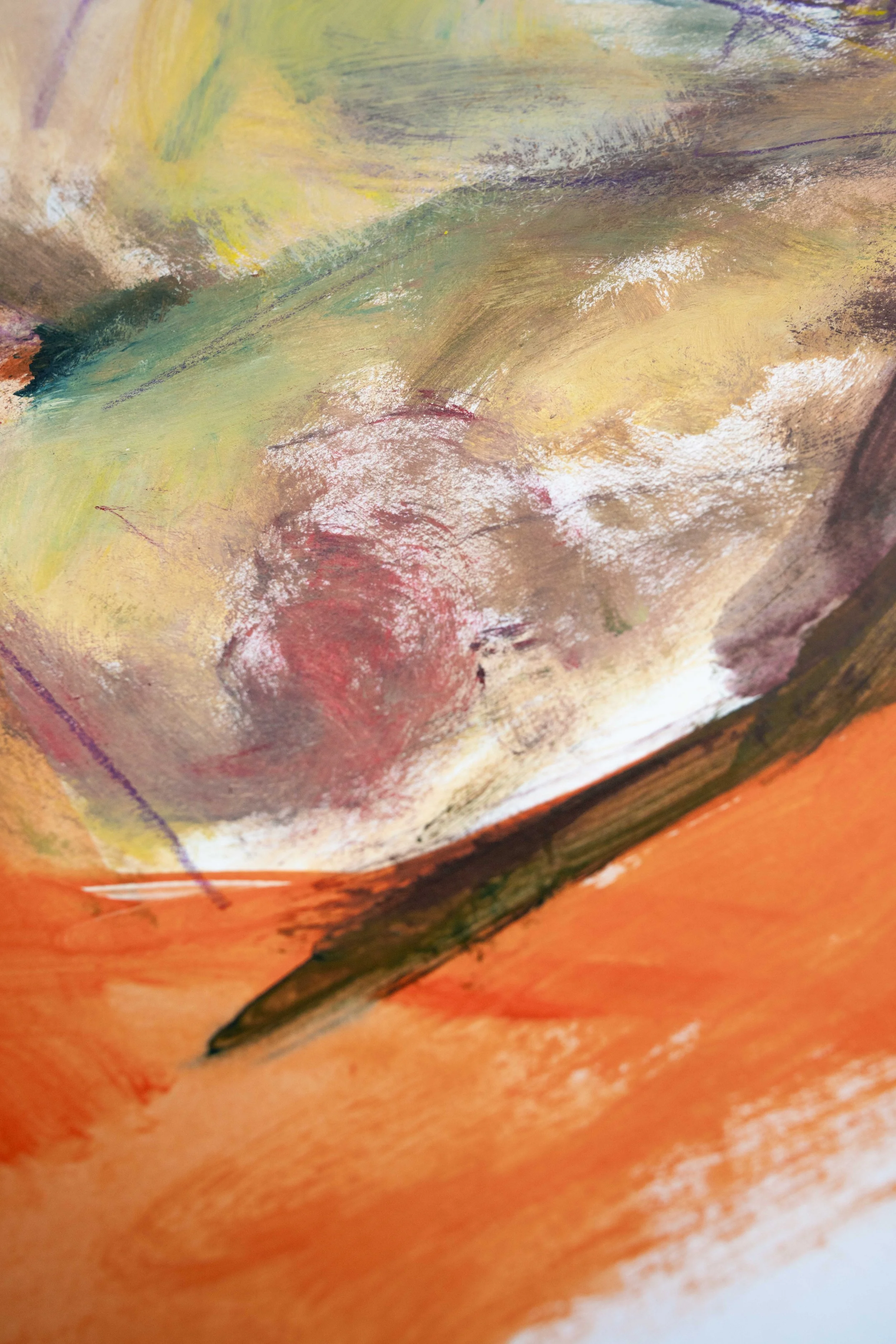 Detail einer farbintensiven Körperstudie von Damaris Tobler. Lasierende und deckende Farbflächen, sichtbare Pinselspuren und feine Linien liegen übereinander – Inspiration für experimentelles Arbeiten zwischen Zeichnung und Malerei.
