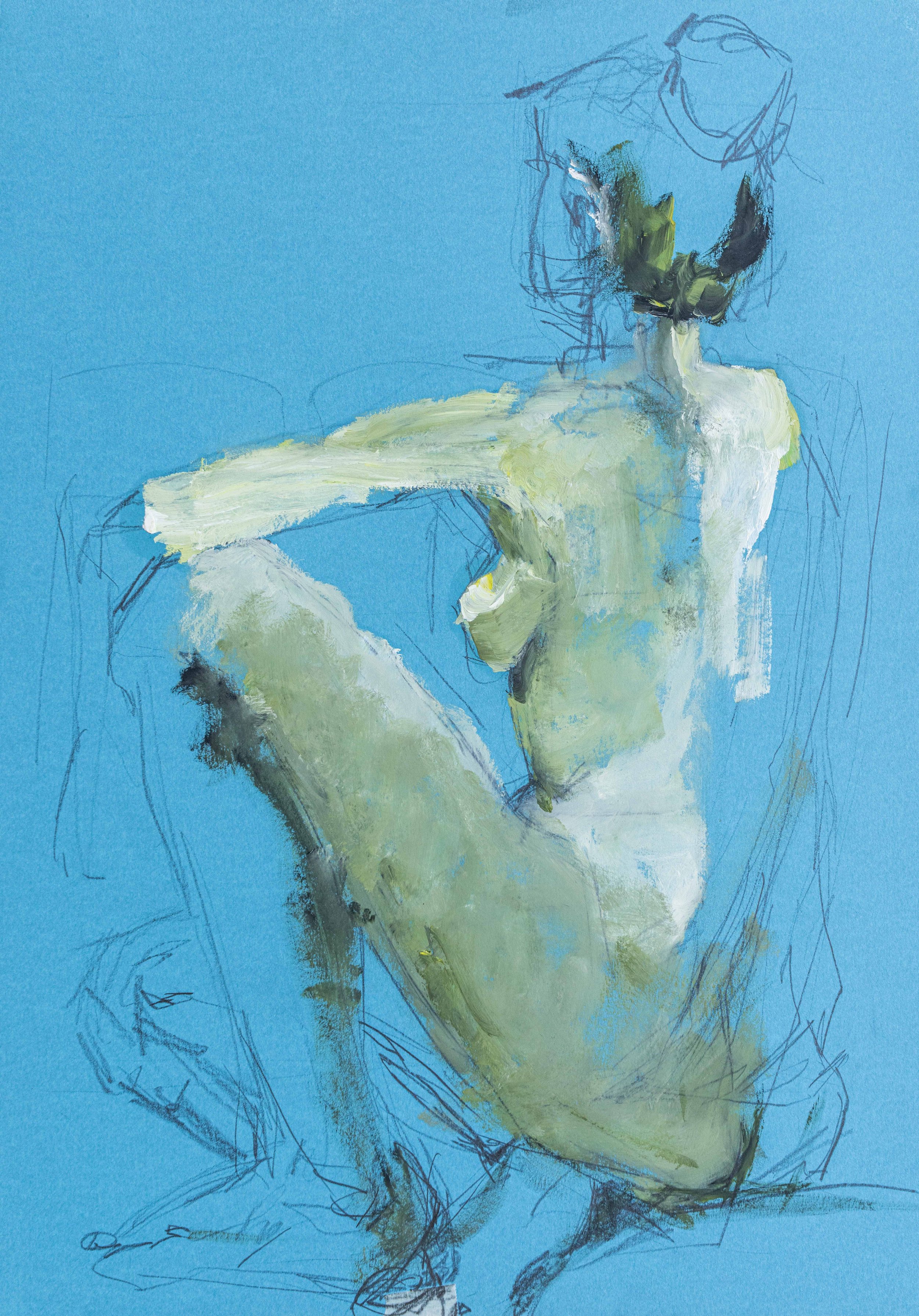 Aktmalerei auf blauem Papier von Damaris Tobler. Helle Grün-, Gelb- und Blautöne formen den sitzenden Körper, während feine zeichnerische Linien sichtbar bleiben – Inspiration für figuratives Arbeiten auf farbigem Untergrund.
