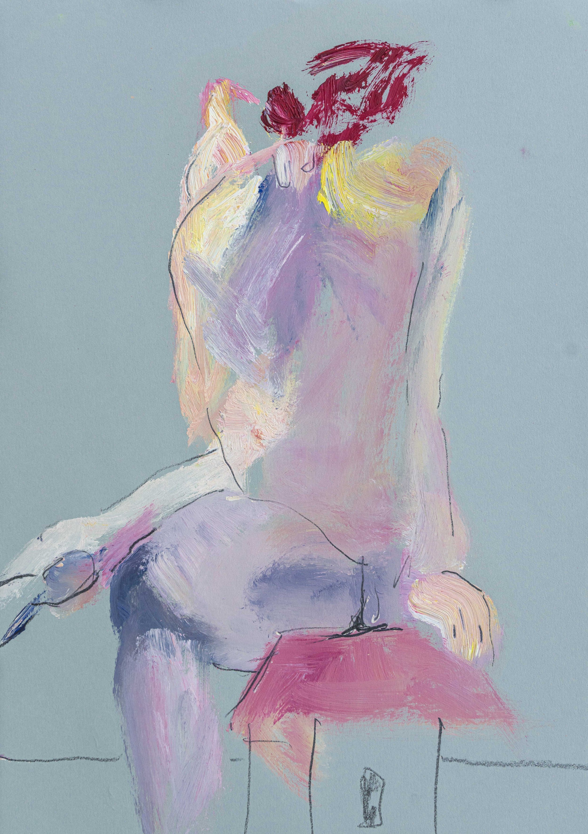 Farbige Aktstudie auf grauem Papier von Damaris Tobler. Rosa, Violett, Gelb und helle Kreidespuren modellieren den sitzenden Körper – eine Inspiration für das freie Figurenzeichnen und Malen mit farbigen Kontrasten.