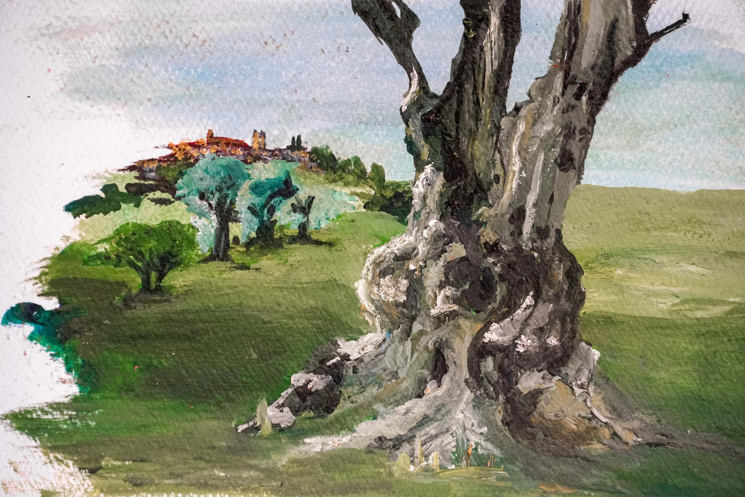 Landschaftsmalerei mit altem Baum von Damaris Tobler. Der knorrige Stamm ist mit kräftigen, pastosen Pinselstrichen modelliert, während Grün- und Türkistöne die Landschaft öffnen – eine Naturstudie zwischen genauer Beobachtung und freier Malerei.