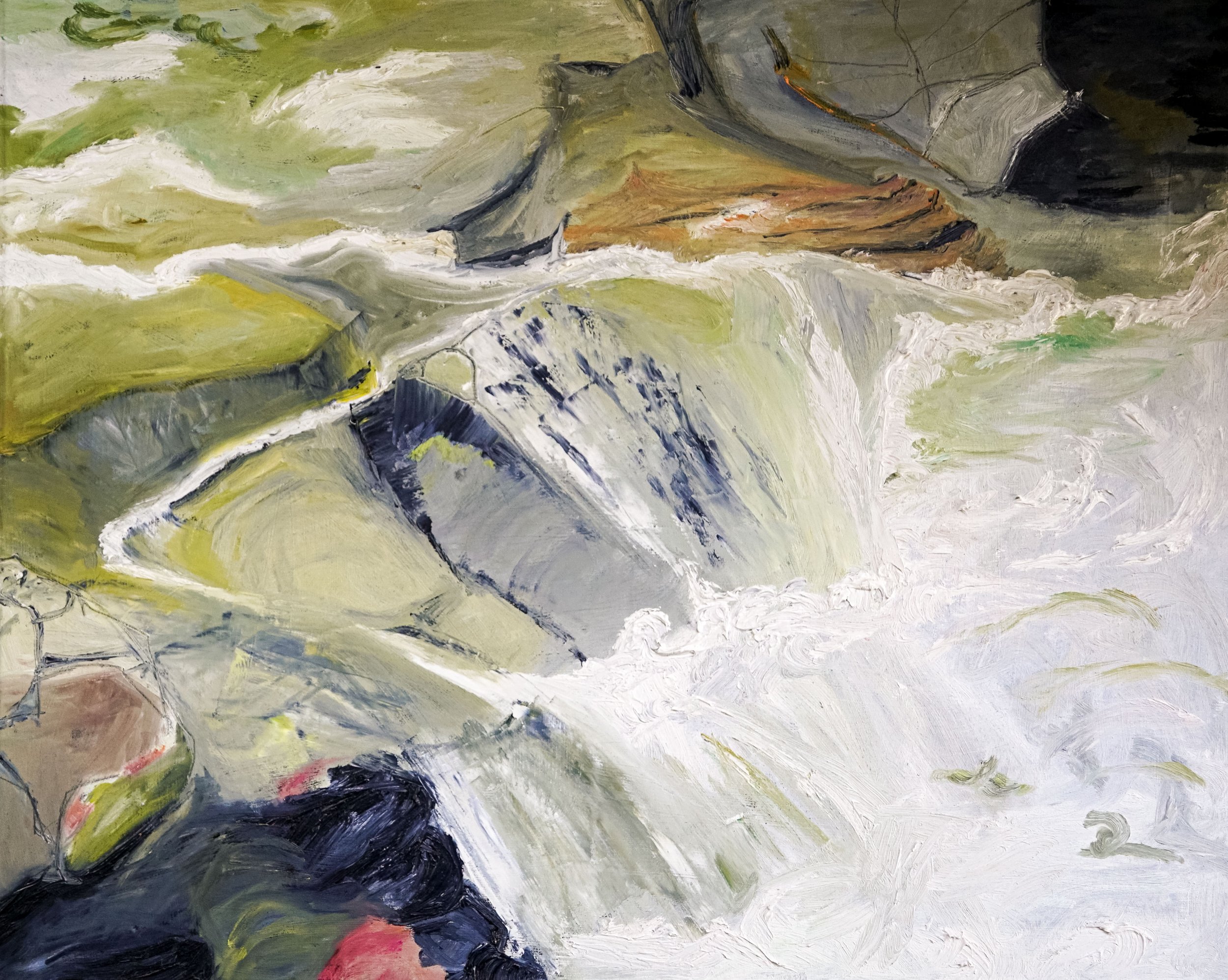 Expressive Malerei von Wasser und Felsen von Damaris Tobler. Pastose helle Pinselstriche lassen das Wasser zwischen grün-grauen Steinen fliessen. Die Landschaftsstudie zeigt, wie Bewegung, Licht und Natur mit sichtbarem Farbauftrag malerisch eingefan