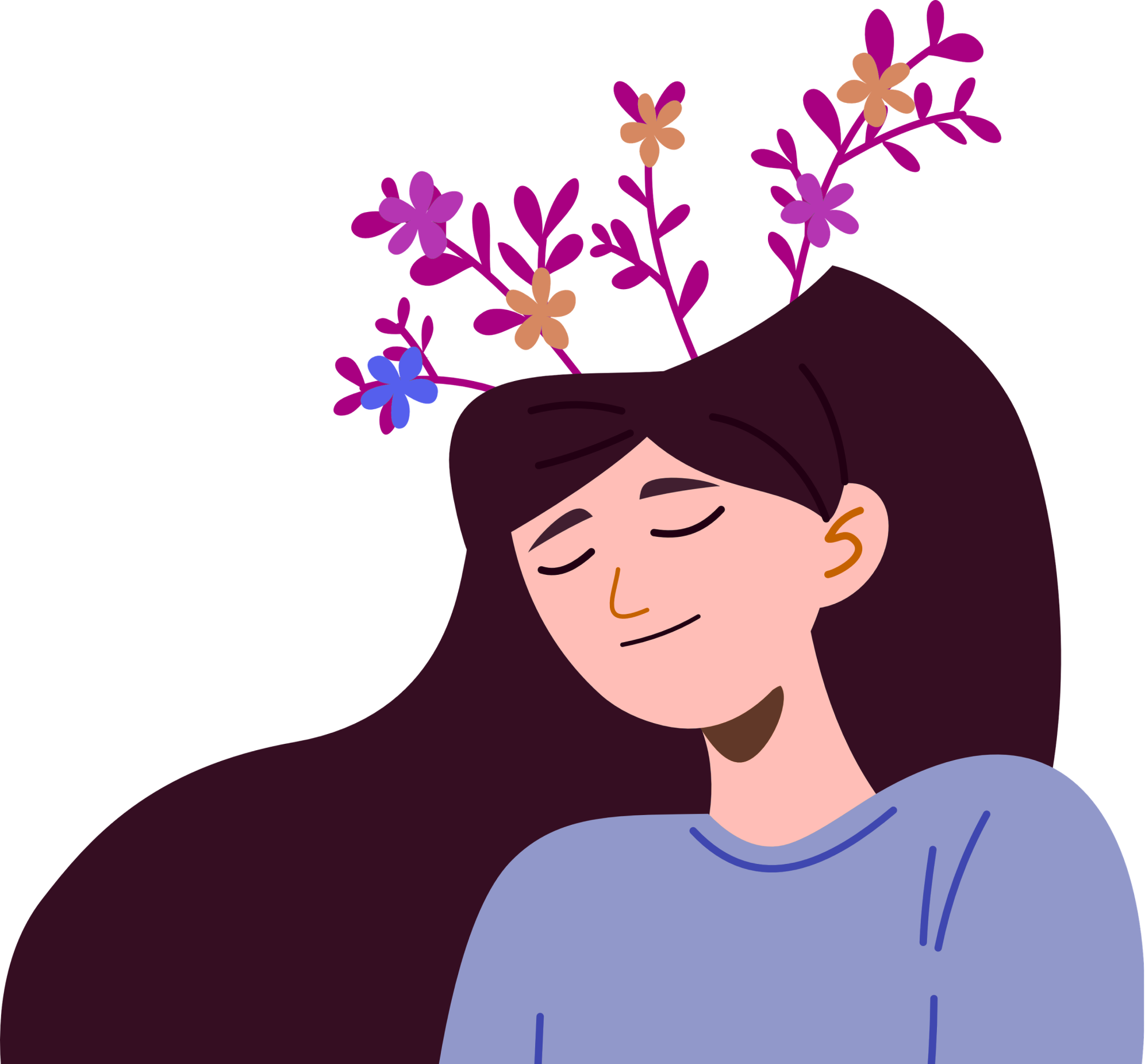 Illustration d’une femme apaisée avec des fleurs symbolisant le bien-être et la santé mentale