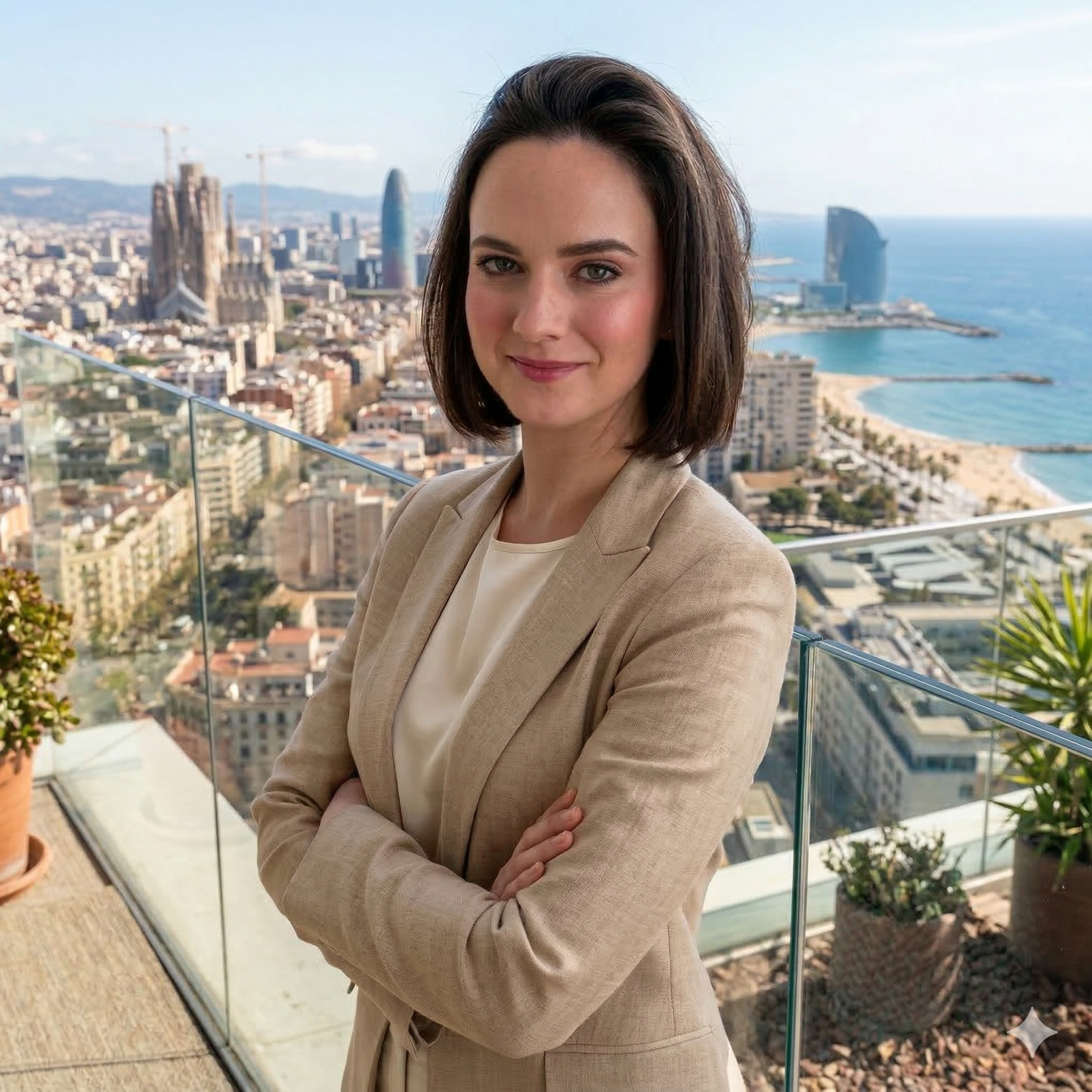 Laura Della Guardia real estate specialist standing on a private rooftop overlooking the Barcelona skyline.