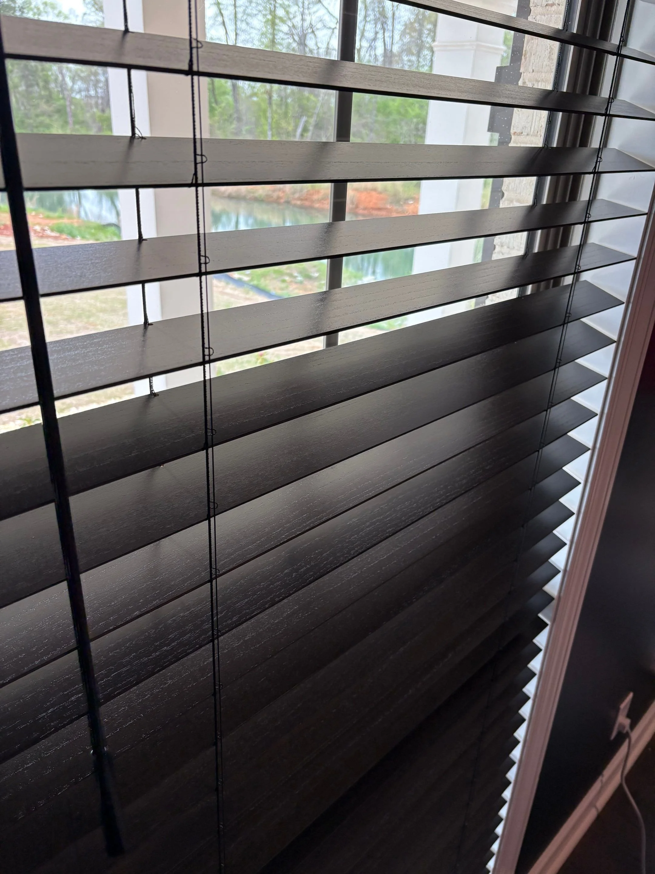 Window blinds partially open with a view of a pond, trees, and some outdoor landscape in the background.