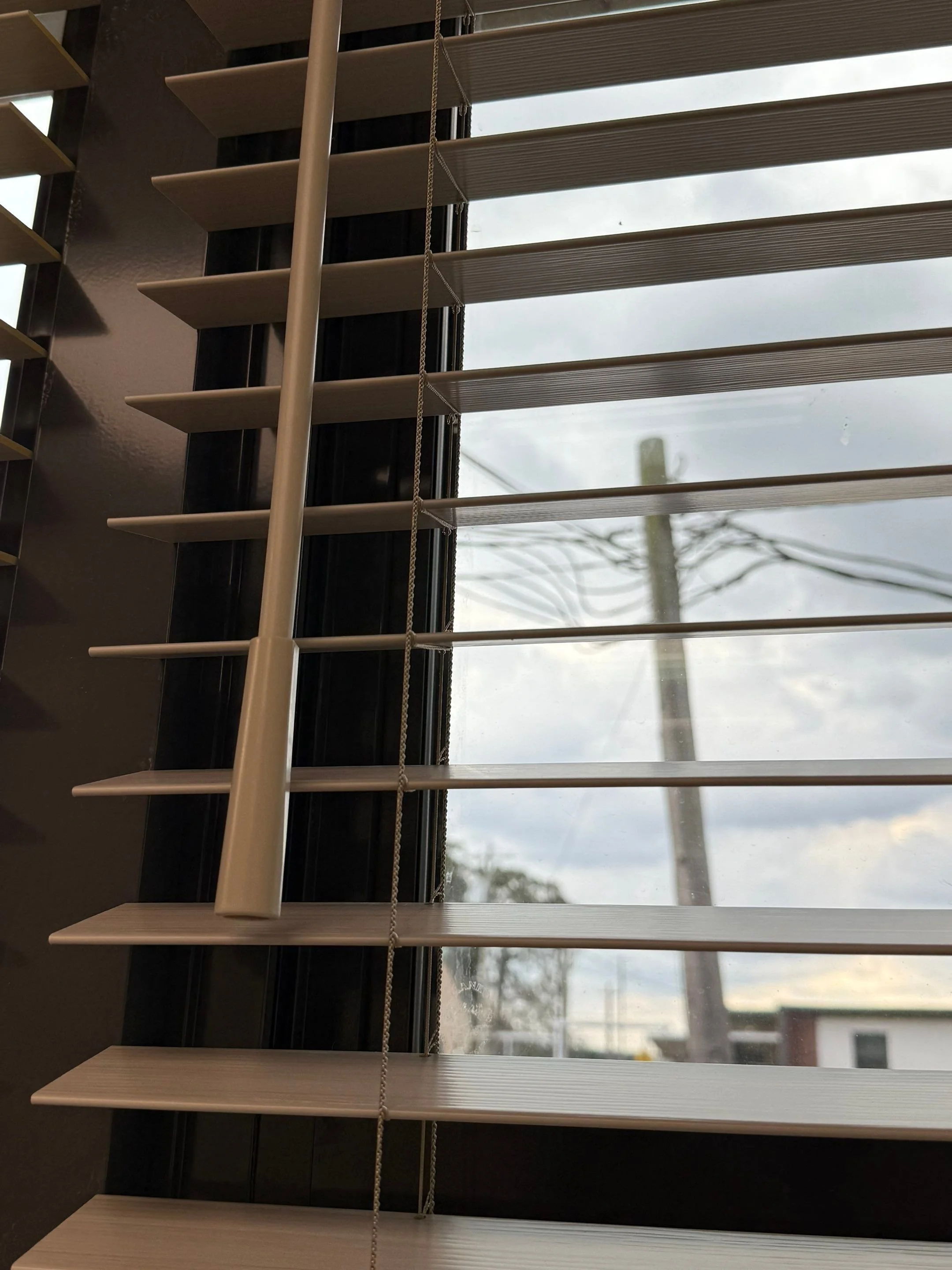 View of horizontal window blinds with a partially open window, showing an outdoor scene with cloudy sky, a utility pole, and some trees.