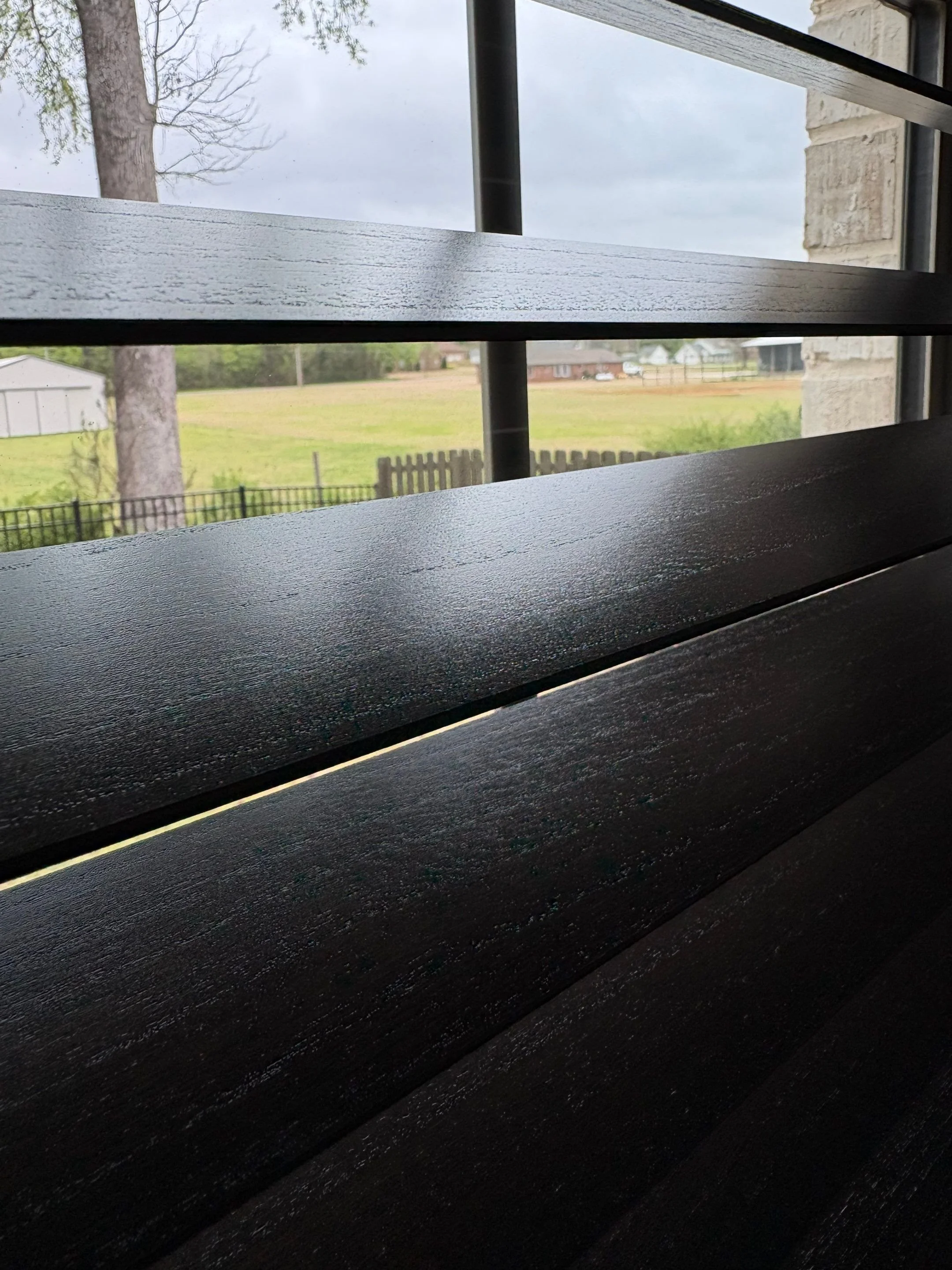 View outside through horizontal window blinds, showing a tree, a grassy field, and a few distant buildings under cloudy sky.