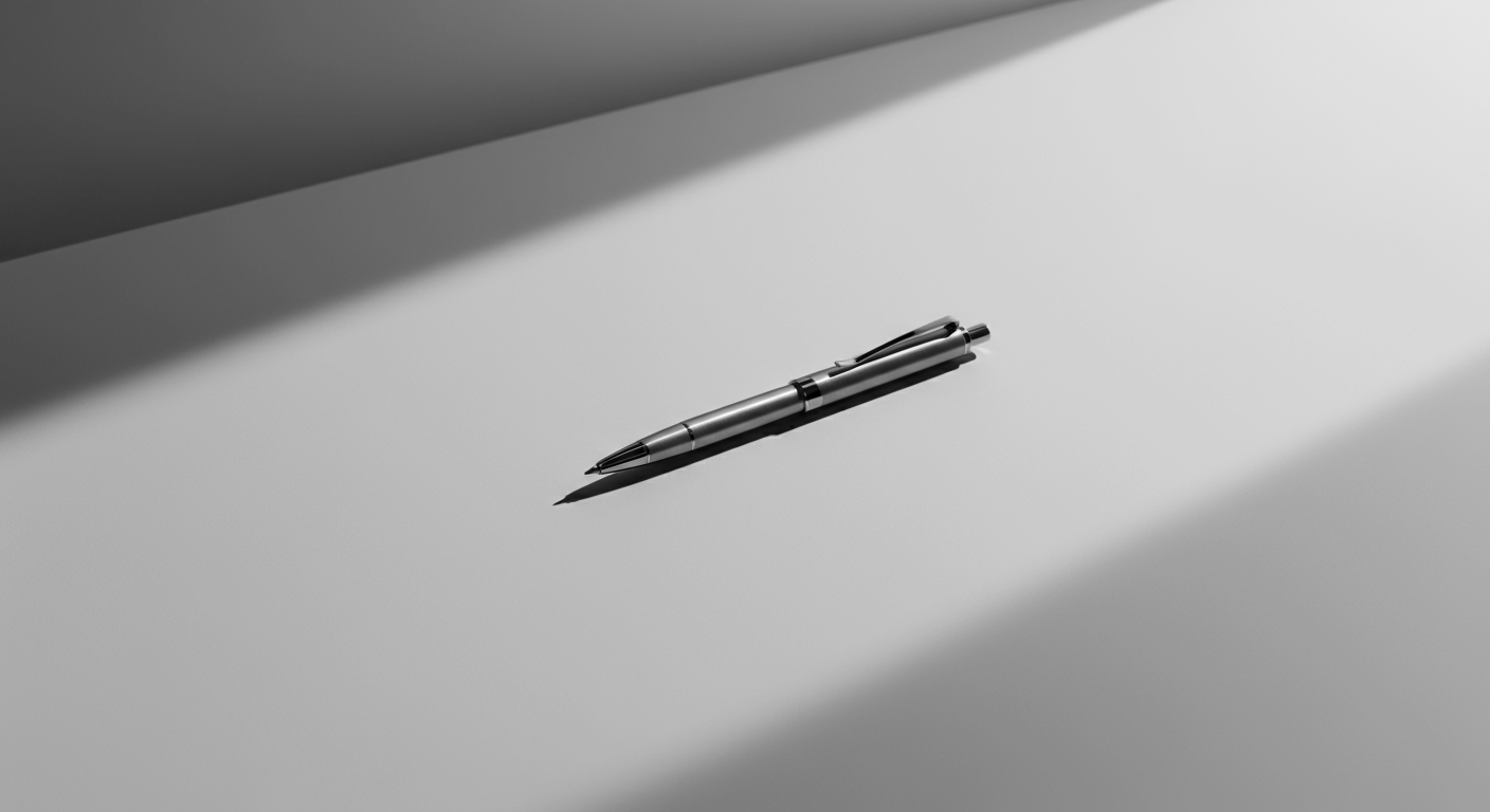 A silver retractable ballpoint pen lying on a white surface with shadow lines.