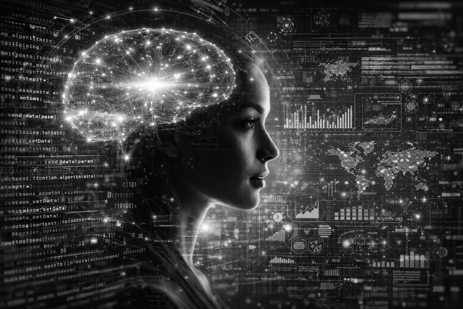 A profile of a young woman with digital data visualizations, including a glowing brain, charts, and world maps, overlaying her silhouette, symbolizing artificial intelligence and data analysis.