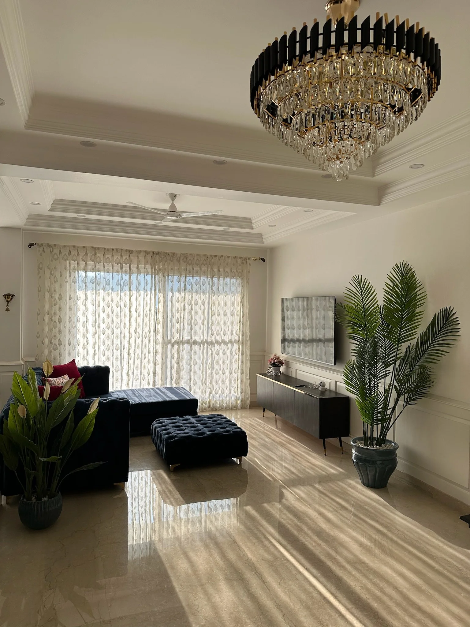 Living room with two blue sofas, a wooden coffee table, a patterned area rug, potted plants, a chandelier, and a framed painting on the wall.