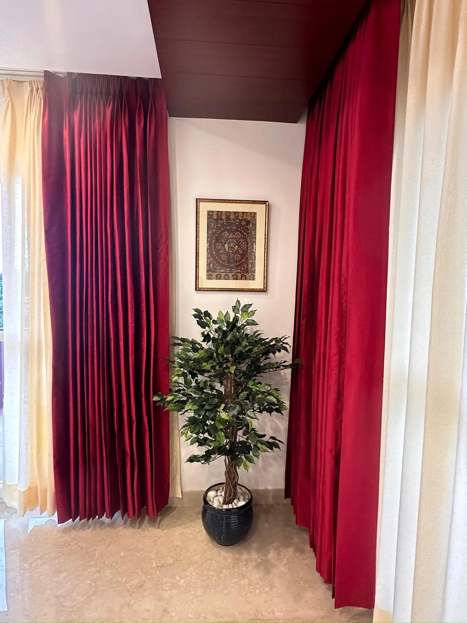 A potted leafy green plant in a black pot with white stones, situated between red and cream curtains, with a framed artwork on a white wall above.