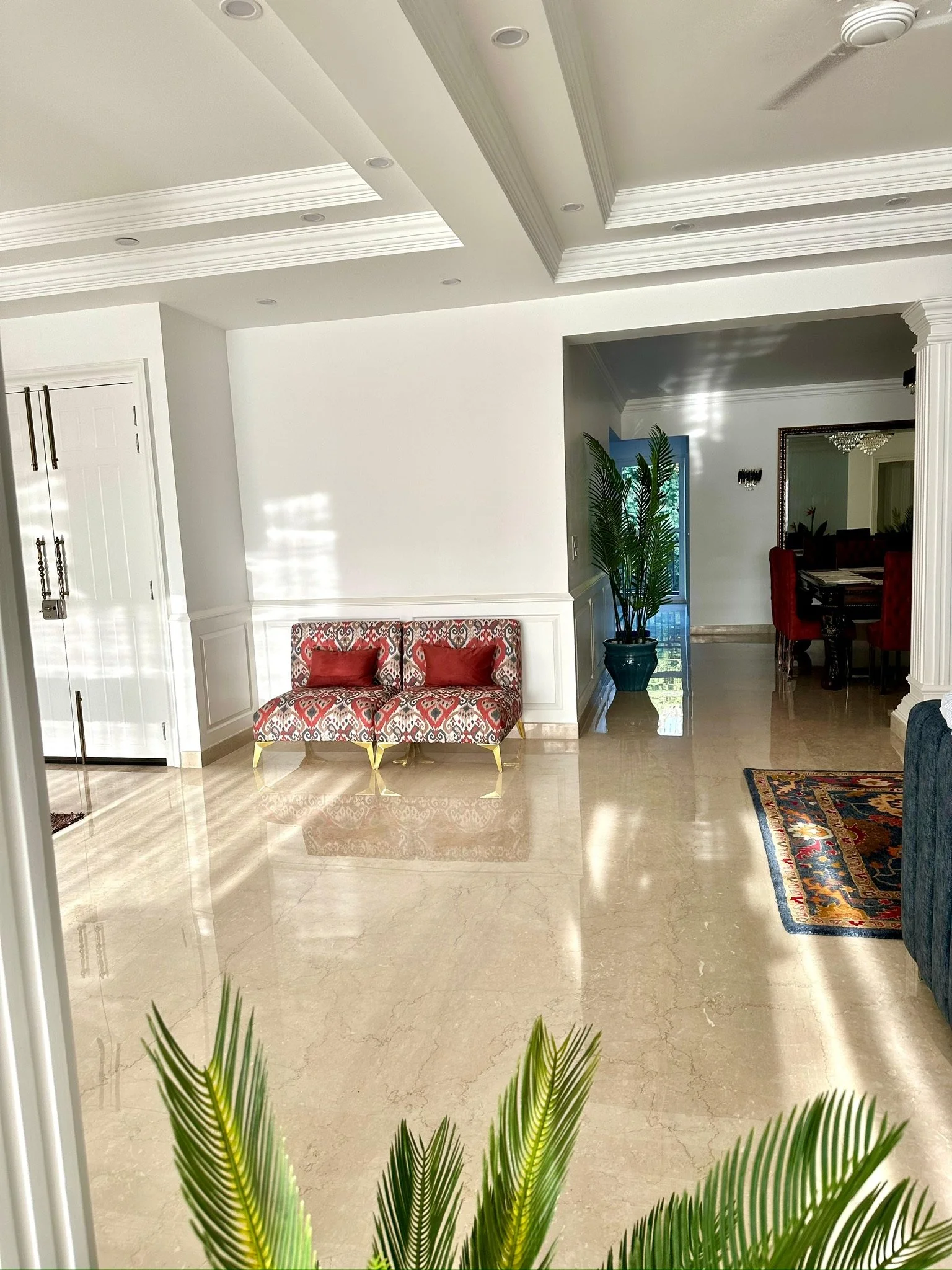 Luxury living room with marble flooring, white walls, and high ceilings with crown molding. Blue and red furniture, green potted plant, and large windows allowing natural light.