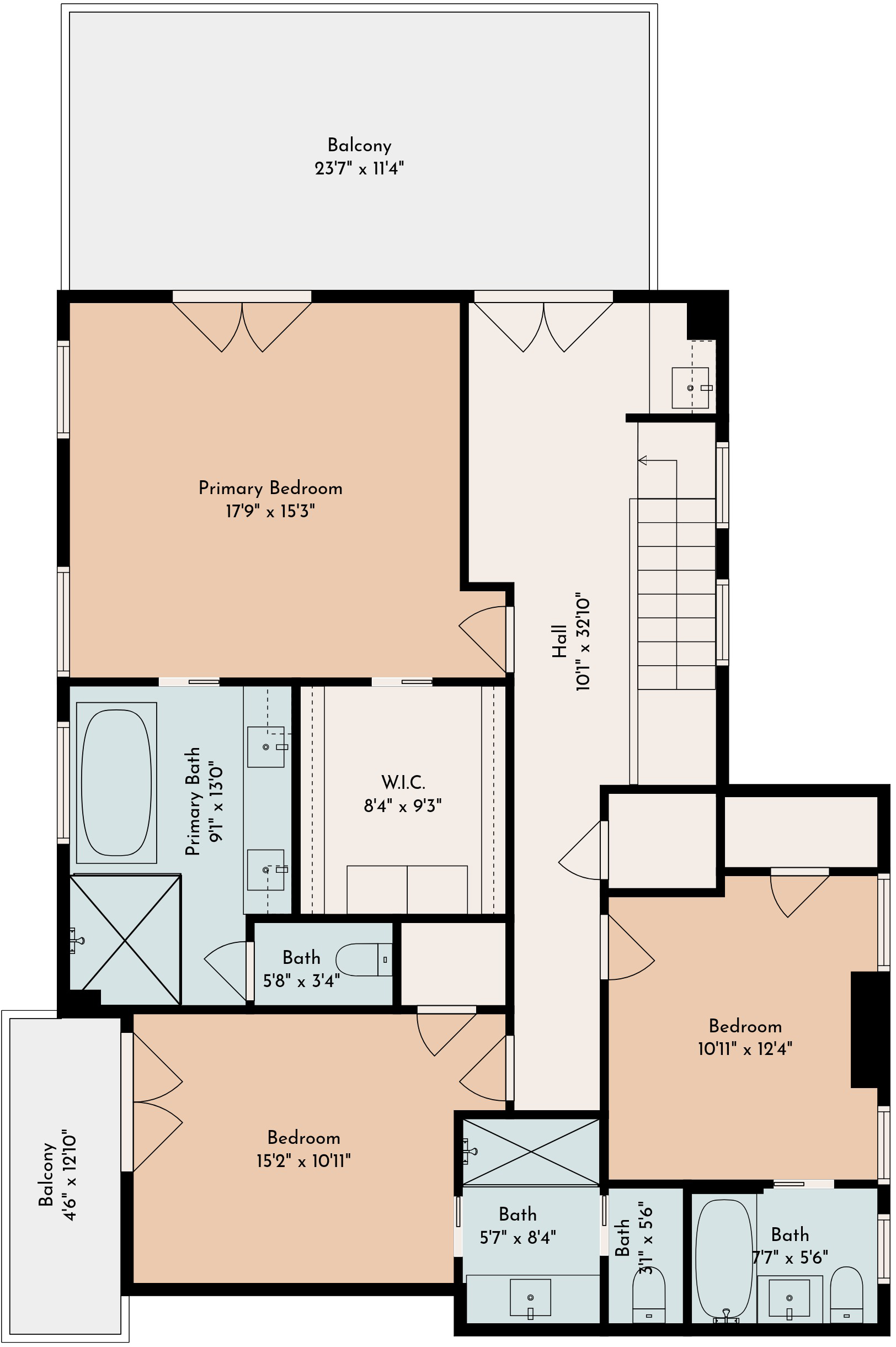 Floor plan of a second-story residential layout with bedrooms, bathrooms, balconies, and a staircase.