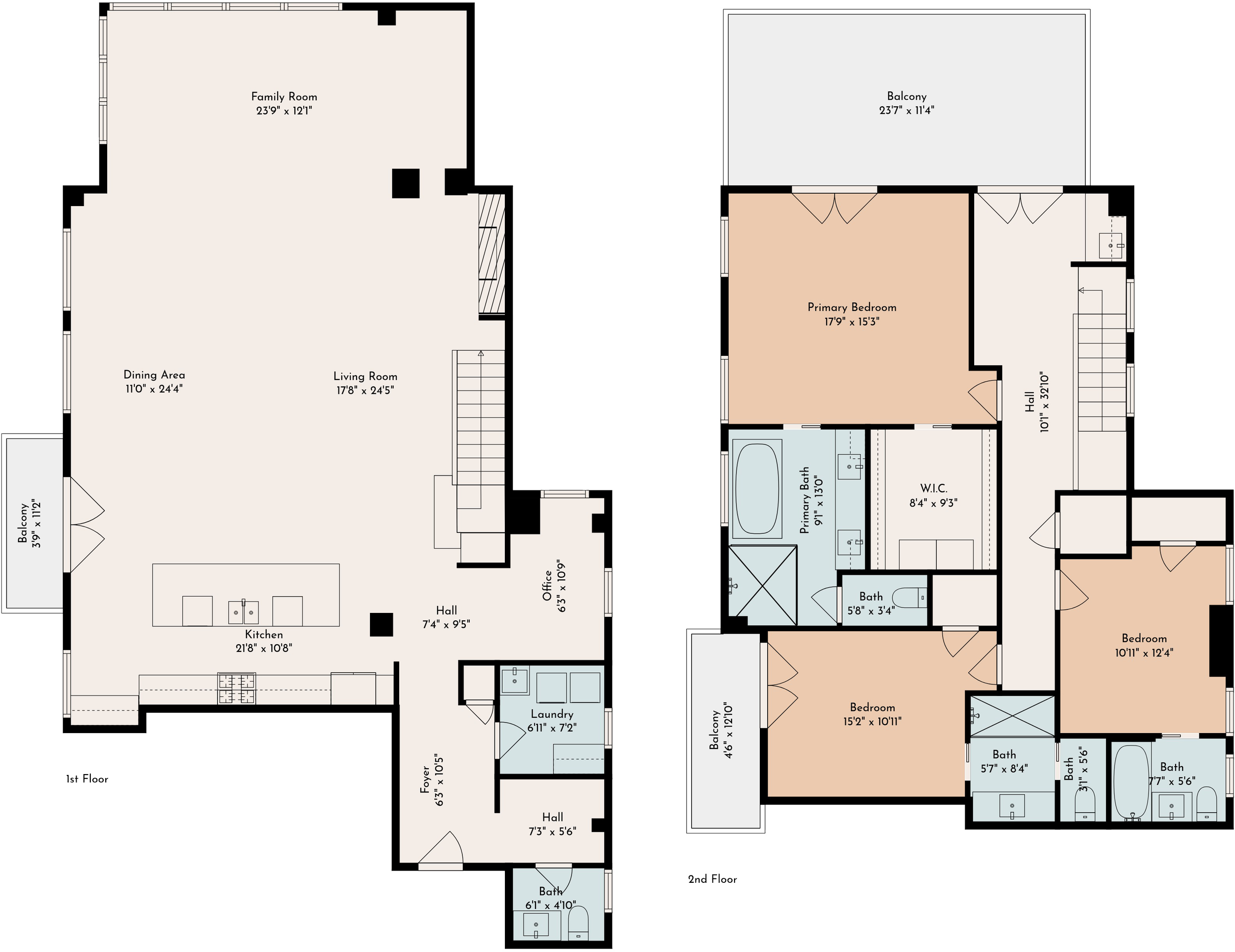Floor plan of a two-story house with labeled rooms including a family room, dining area, living room, kitchen, office, laundry, bedrooms, bathrooms, walk-in closet, and multiple balconies.