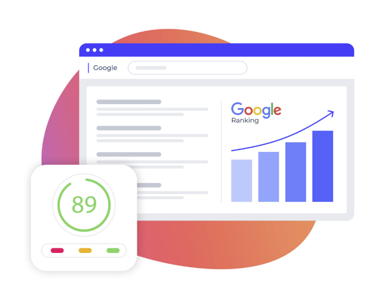 Screenshot einer Google-Suchseite mit einem Diagramm, das einen Anstieg zeigt, und einem Score von 89 in einem Abzeichendesign.