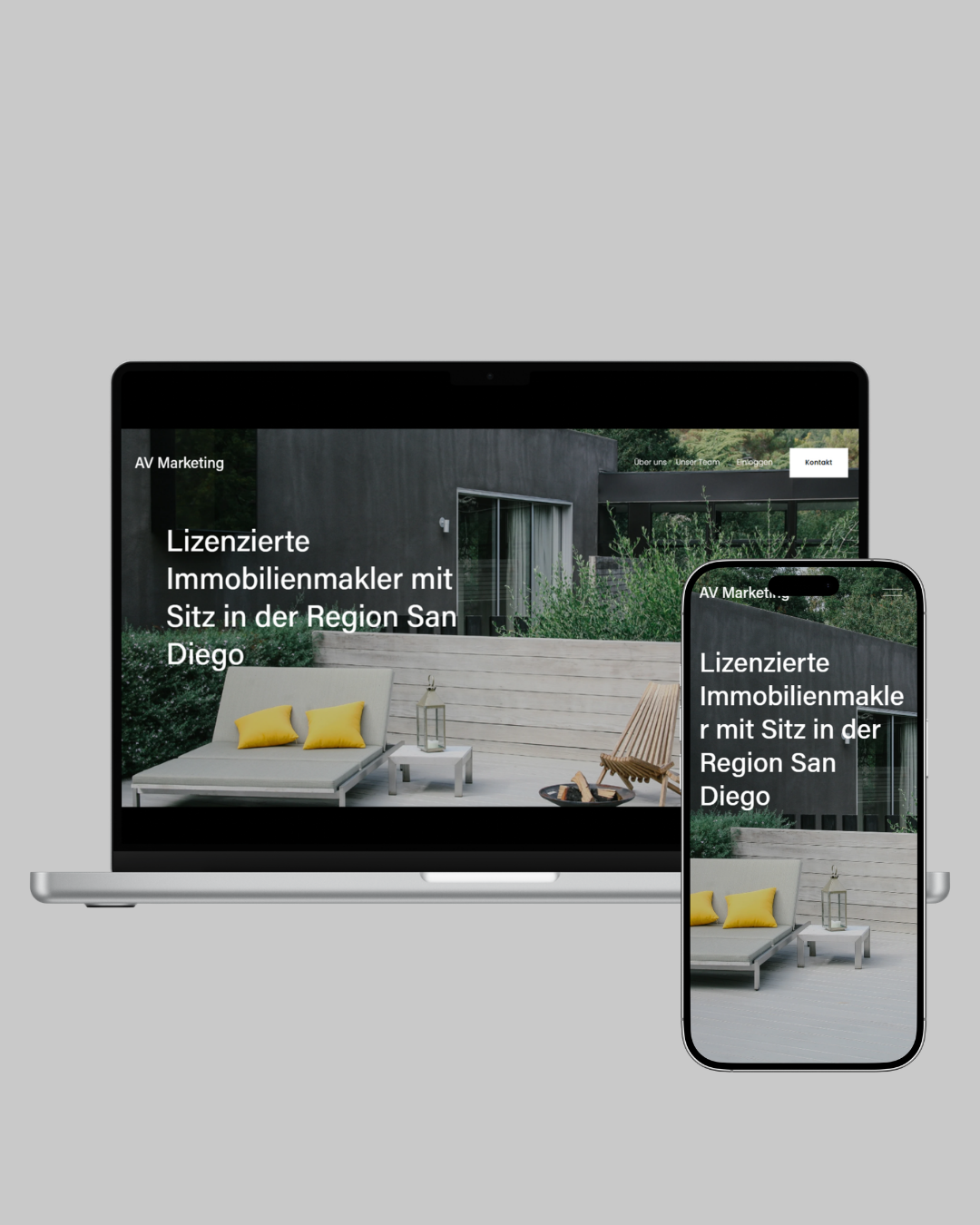 Laptop und Smartphone zeigen eine Webseite für eine Immobilienagentur, die lizenzierte Immobilienmakler im Raum San Diego anbietet.
