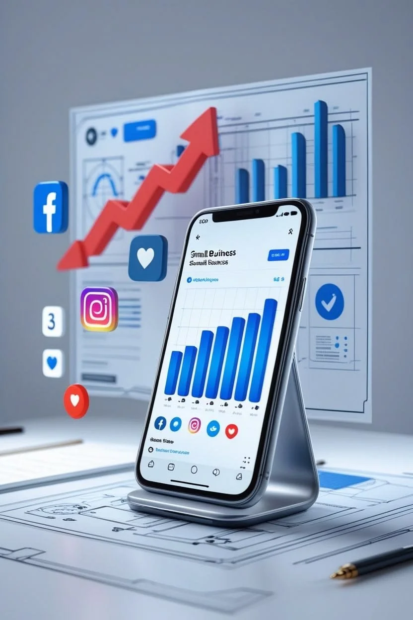 Smartphone, das eine wachsende Balkengrafik für kleines Unternehmen zeigt, umgeben von Social-Media-Icons, Diagrammen und Grafiken im Hintergrund, die das Wachstum und die Analyse von sozialen Medien darstellen.