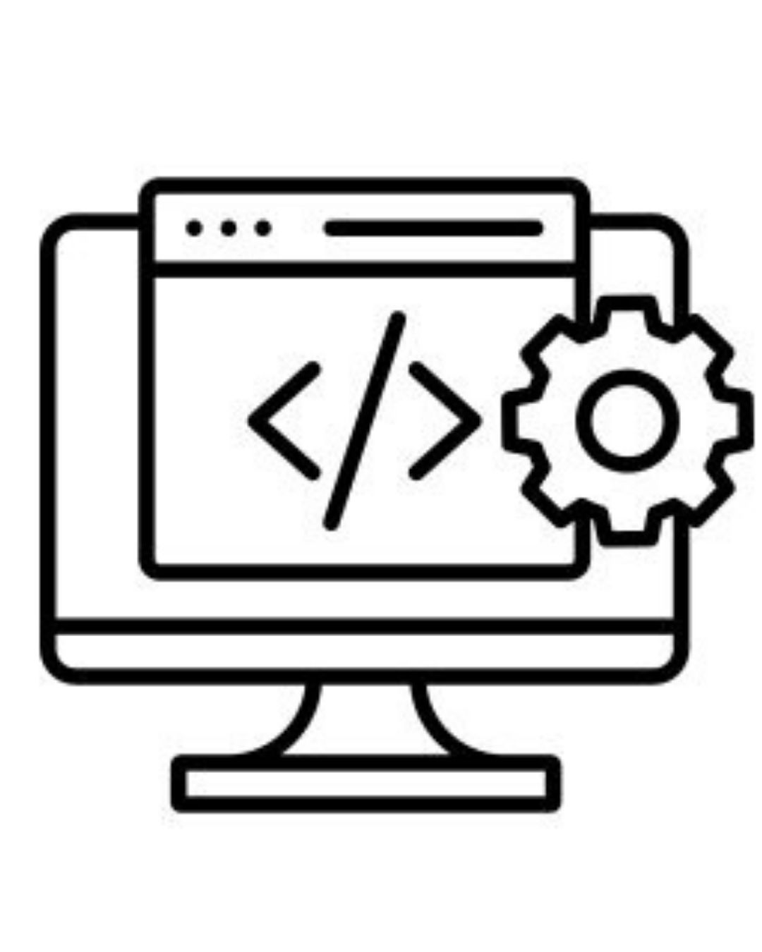 Symbol für Programmierung oder Softwareentwicklung, zeigt einen Computermonitor mit Code-Symbolen und ein Zahnrad für Einstellungen oder Konfigurationen.
