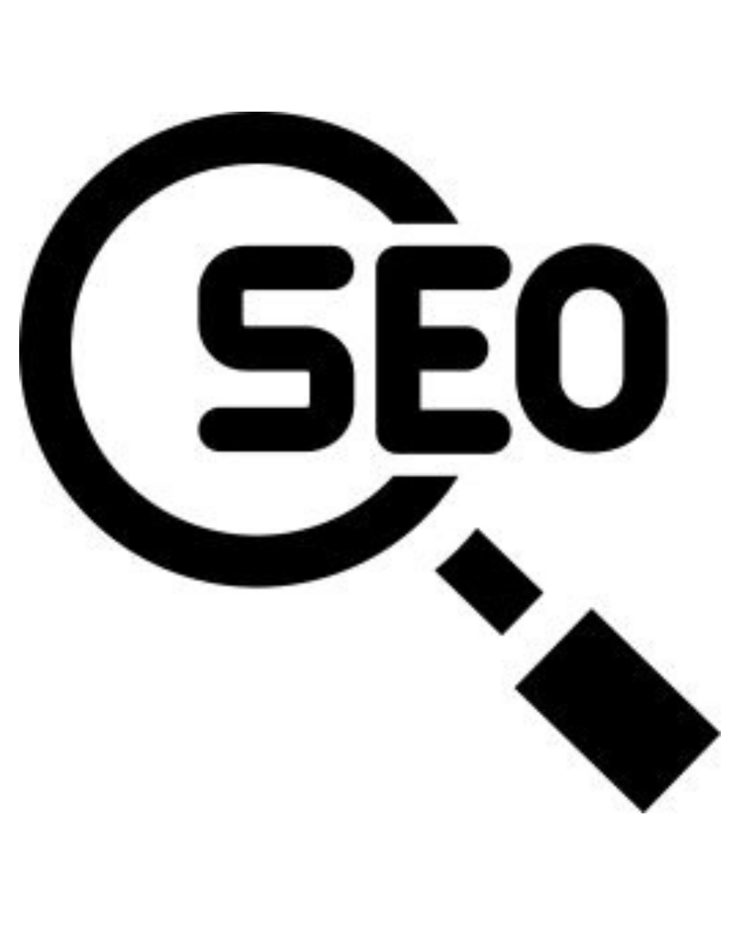 Schwarzes Logo mit dem Wort 'SEO' im Zentrum, umgeben von einem Lupensymbol, das auf die Untersuchung oder Analyse hinweist.