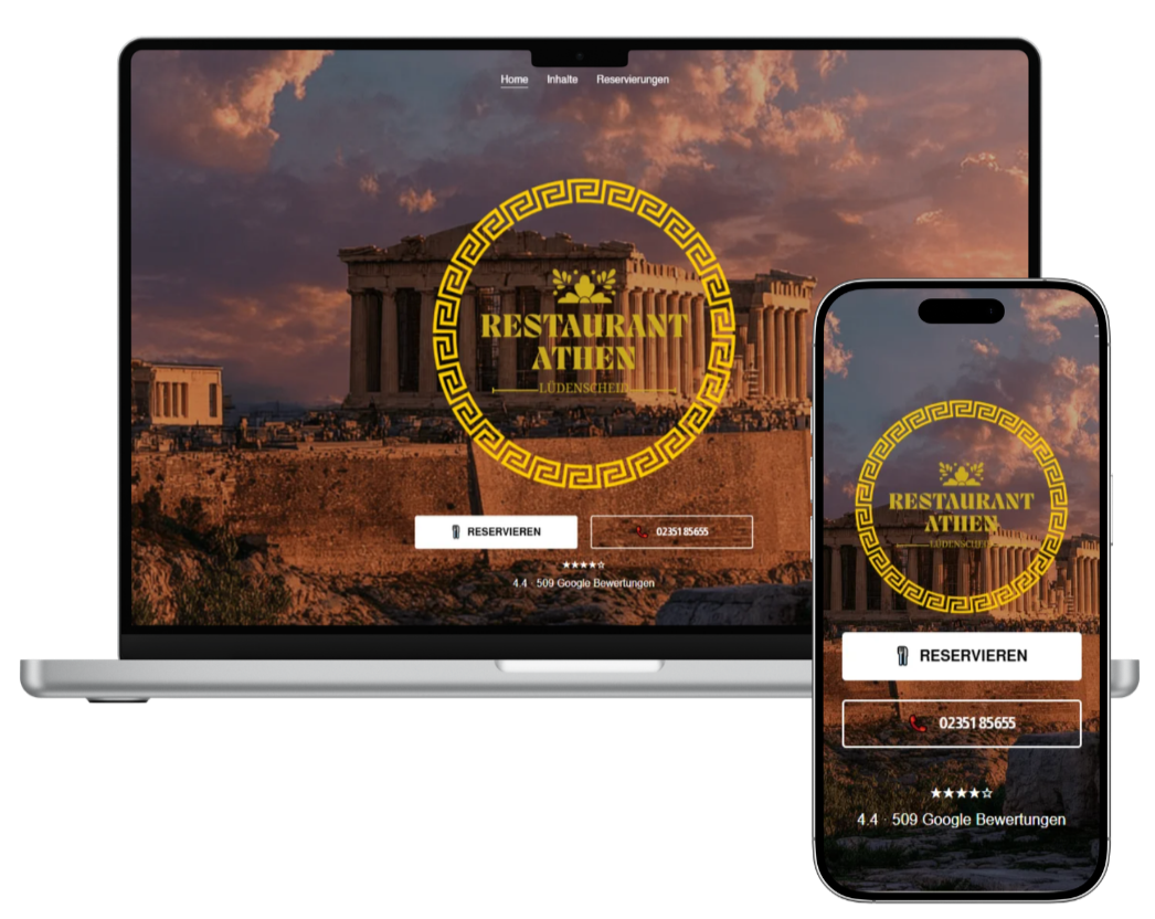 Screenshot einer Webseite und Mobilapp für Restaurant Griechenland, mit einem Bild des Parthenon. Die Webseite zeigt oben Navigationsleiste und unten eine Reservierungsfunktion. Logo in Kreisform mit griechischem Muster und Text 'Restaurant Athien, Lüdenscheid'.