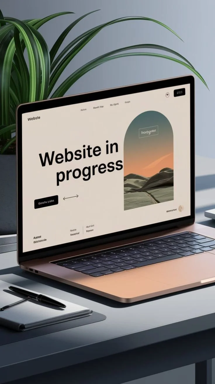 Ein Laptop zeigt eine Webseite, auf der steht 'Website in progress'. Im Hintergrund eine grüne Pflanze und der Schreibtisch mit einem Notizblock und einem Stift.
