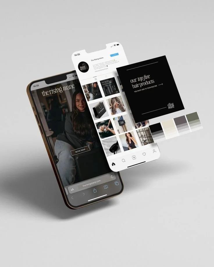 Smartphone mit Website und Social Media Profilen der Haarpflege-Marke 'the rising mane' auf weißem Hintergrund.