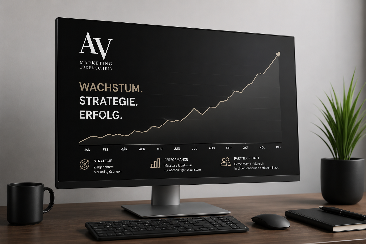 Ein Computerbildschirm zeigt eine Wachstumsdiagramm mit aufsteigendem Graphen, daneben Text mit den Worten »Wachstum. Strategie. Erfolg.«, und Symbole für Strategie, Performance und Partnerschaft.