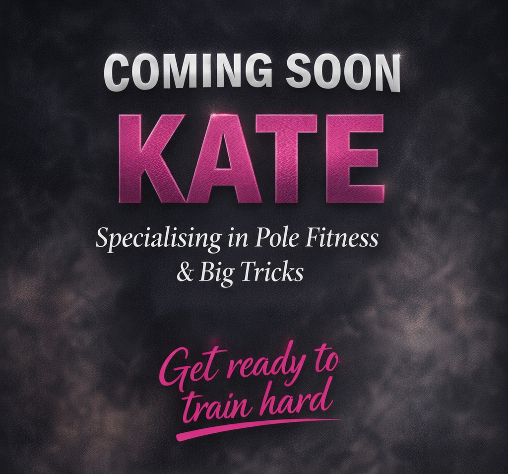 Text advertisement with a dark, textured background. It says "Coming Soon KATE" in large purple letters, "Specialising in Pole Fitness & Big Tricks" in smaller white italicized text, and "Get ready to train hard" in pink cursive with an underline.
