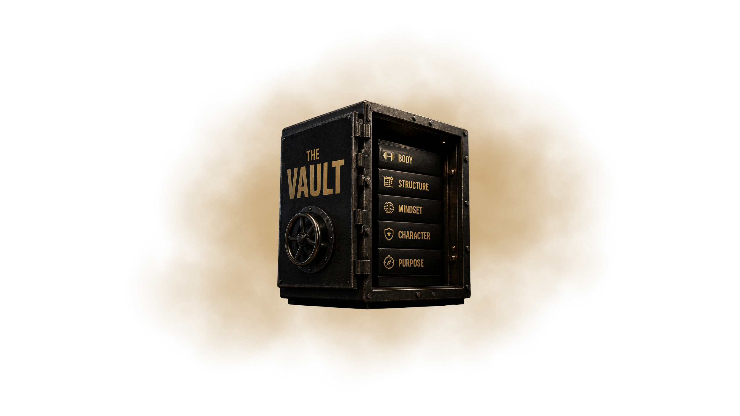 A black vault safe with the words "THE VAULT" written on it, featuring a wheel handle on the side and a panel with items labeled body, structure, mindset, character, and purpose.