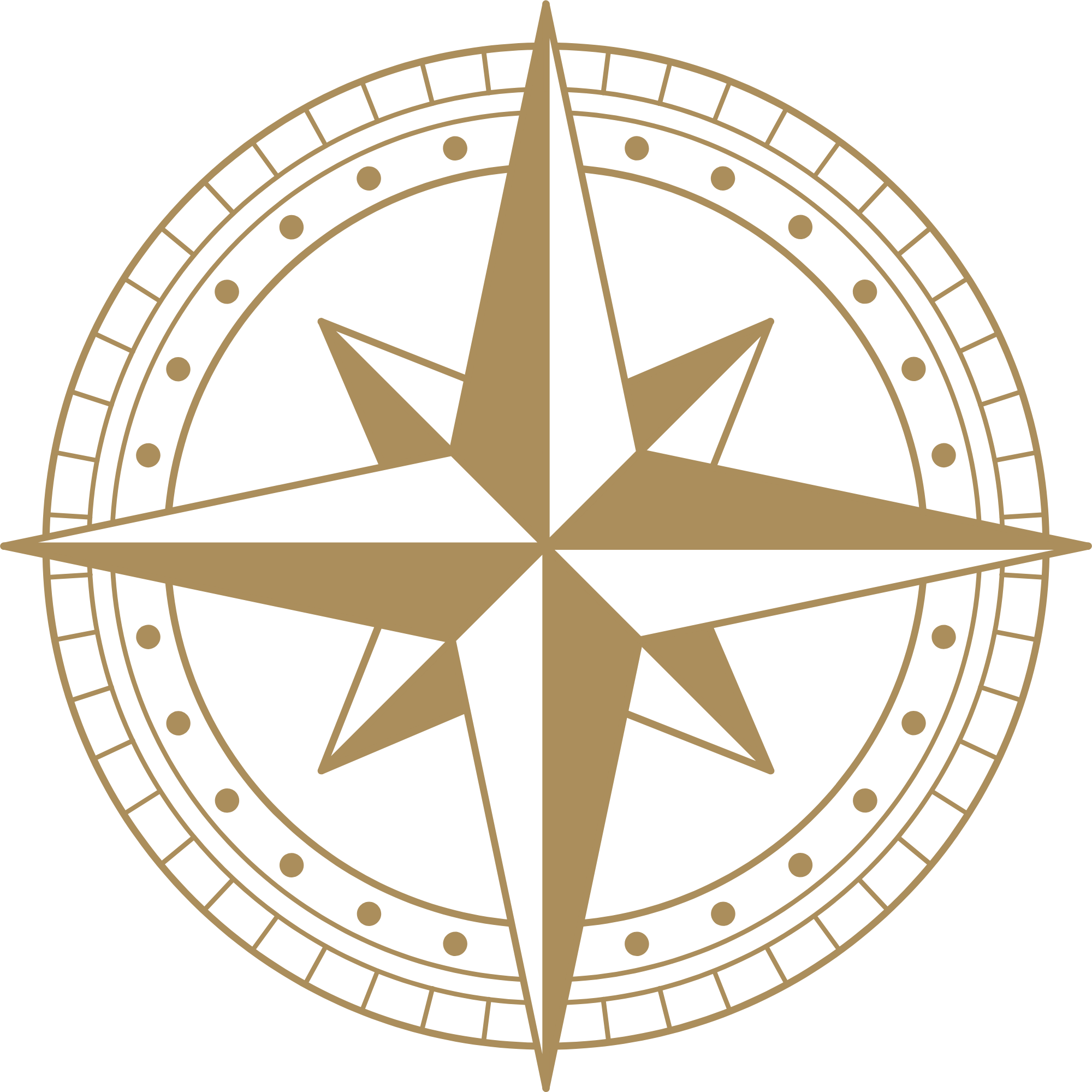 Gold and white compass rose on a black background
