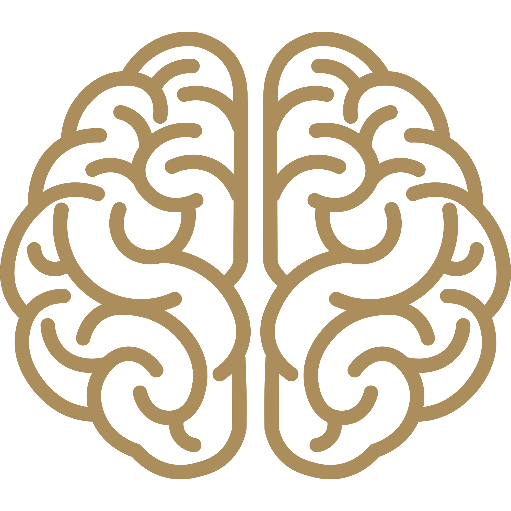 Illustration of a human brain in a gold color on a black background.