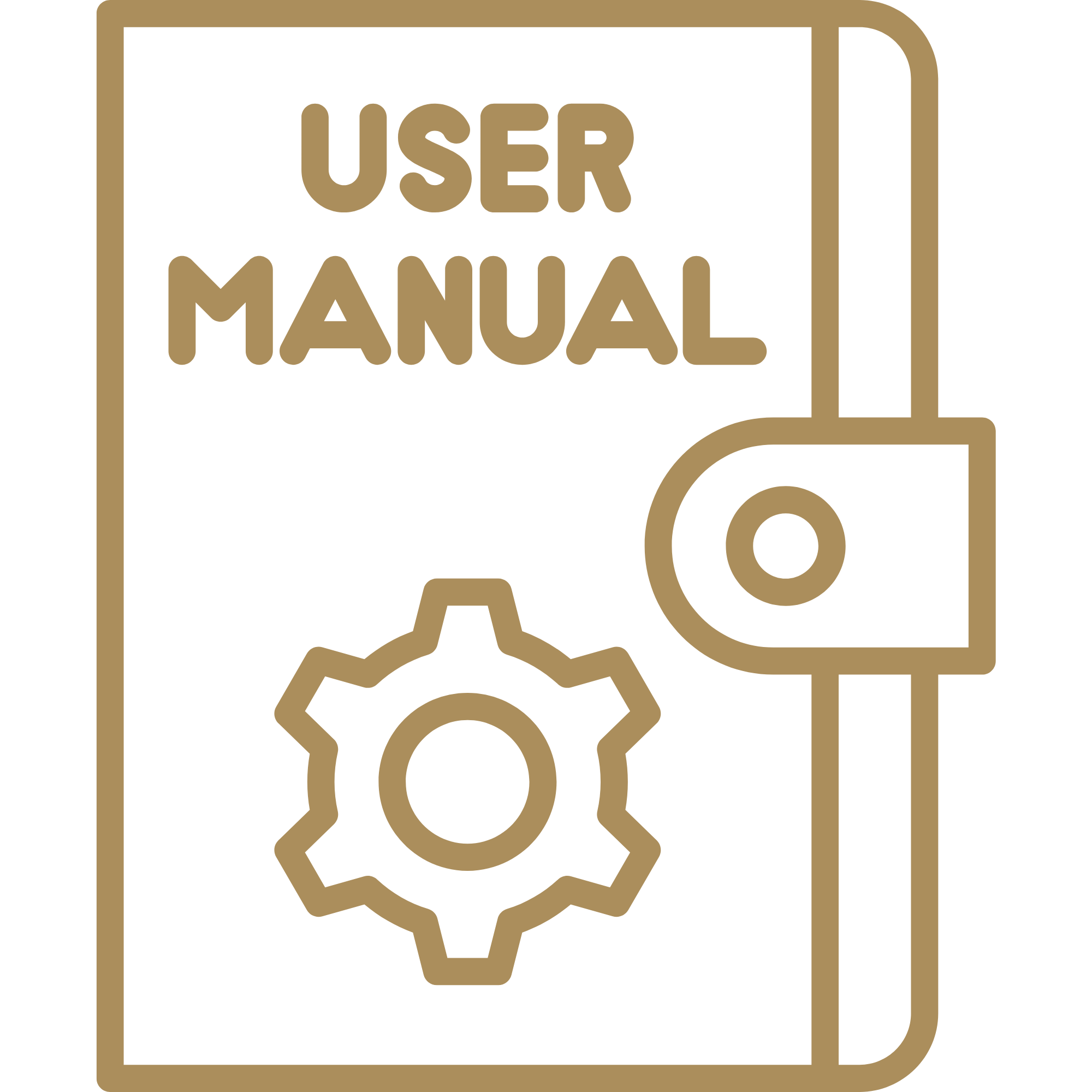 A sign with the words "User Manual" inside a border, with an illustration of a gear and part of a wheel or machinery.