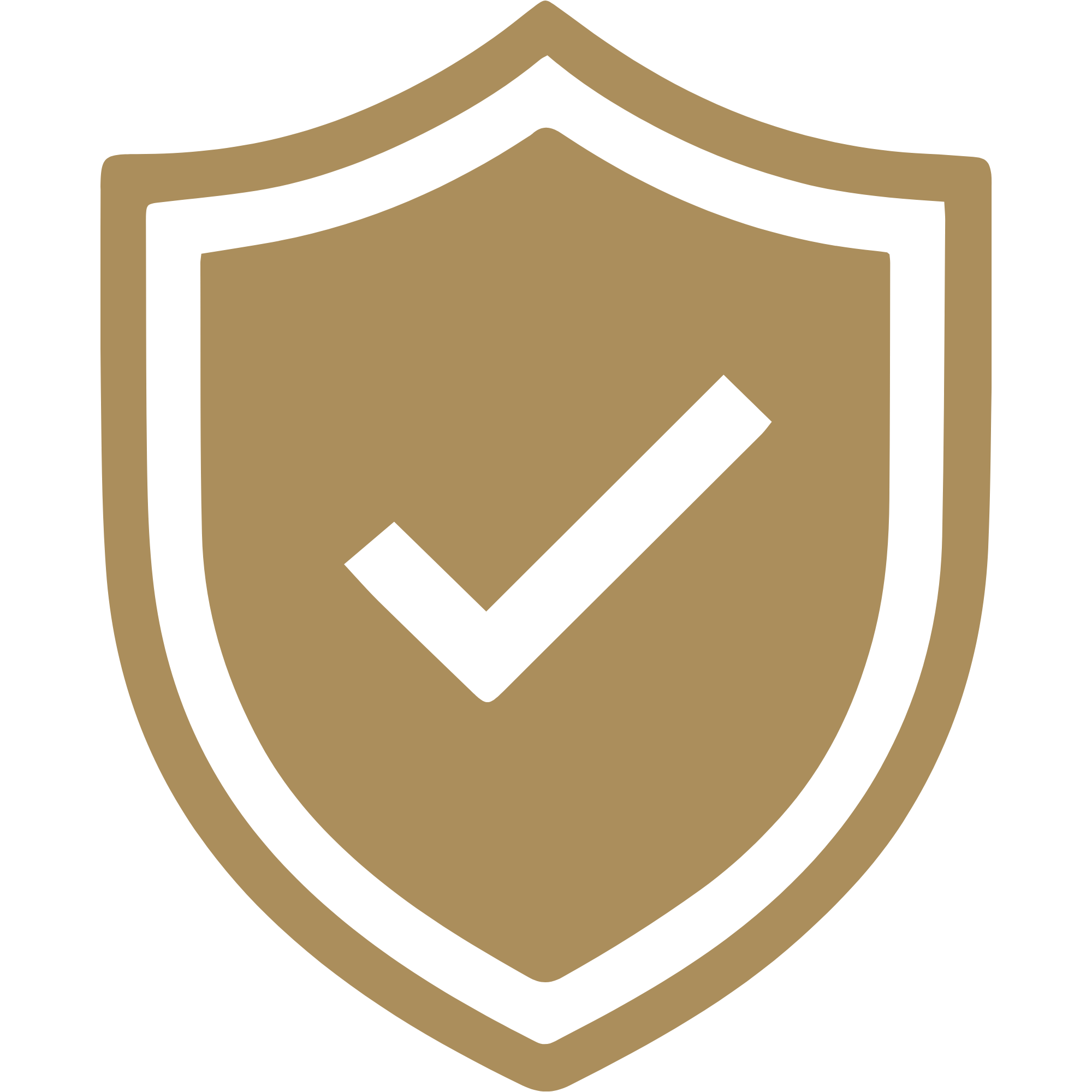 Gold and black emblem featuring a shield with a central checkmark.